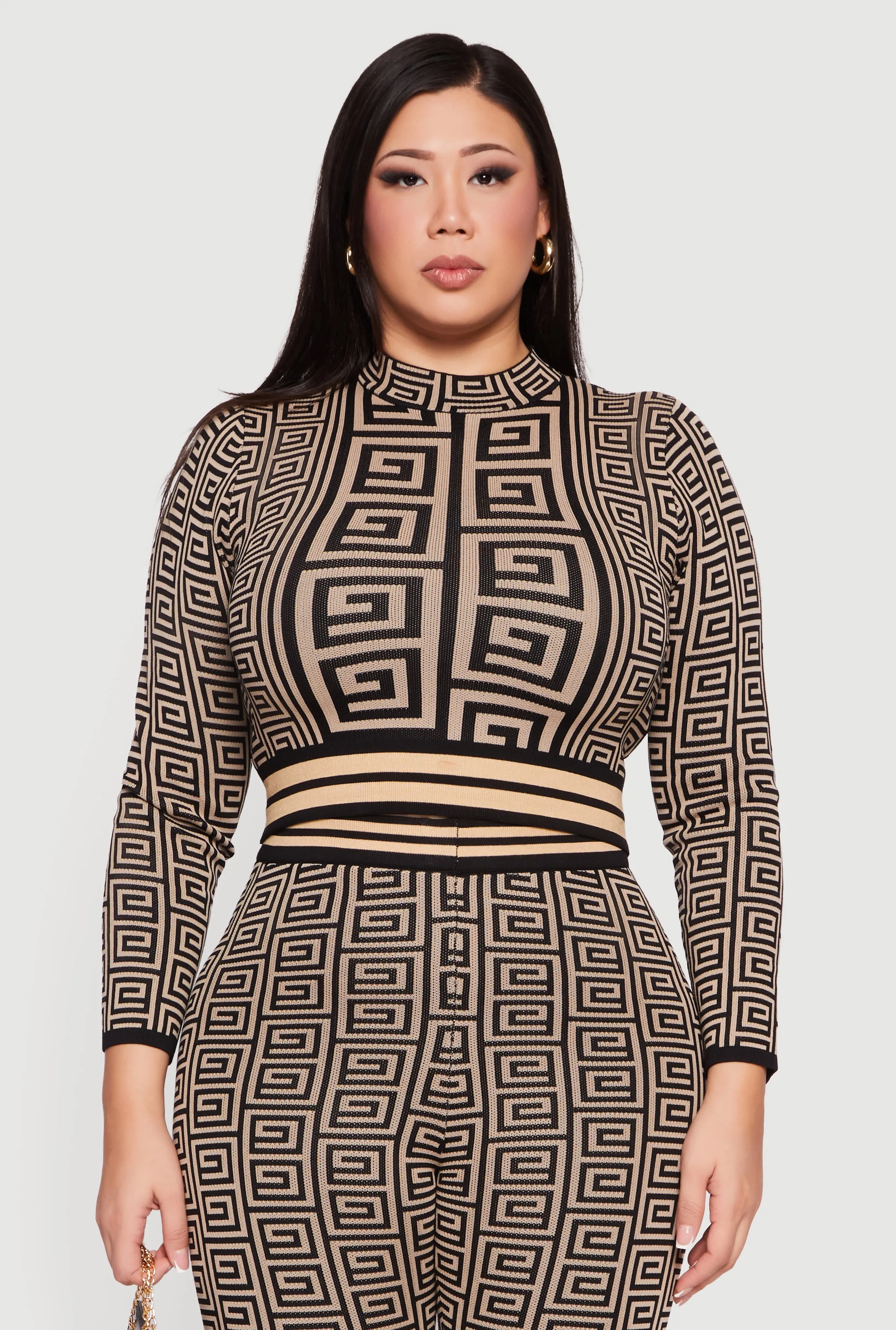 Plus Size Long Sleeve Geometric Print Cropped Sweater sold by Rainbow