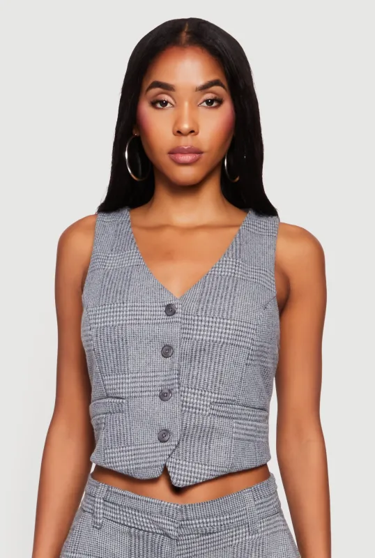 Houndstooth Plaid Cropped Button Front Blazer Vest sold by Rainbow