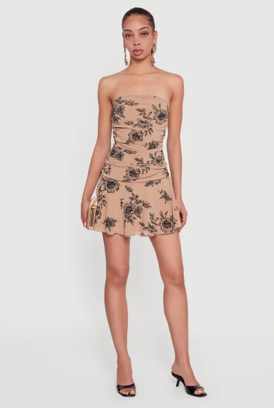 Glitter Floral Ruched Strapless Mini Dress sold by Rainbow