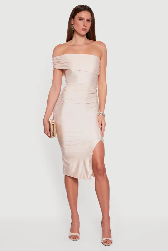 Off the Shoulder Ruched Midi Dress with Side Slit sold by Rainbow