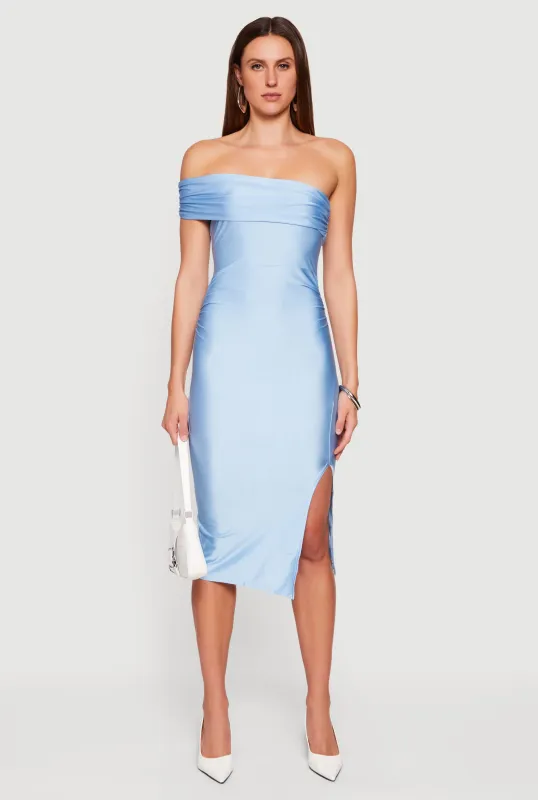 Off the Shoulder Ruched Midi Dress with Side Slit sold by Rainbow