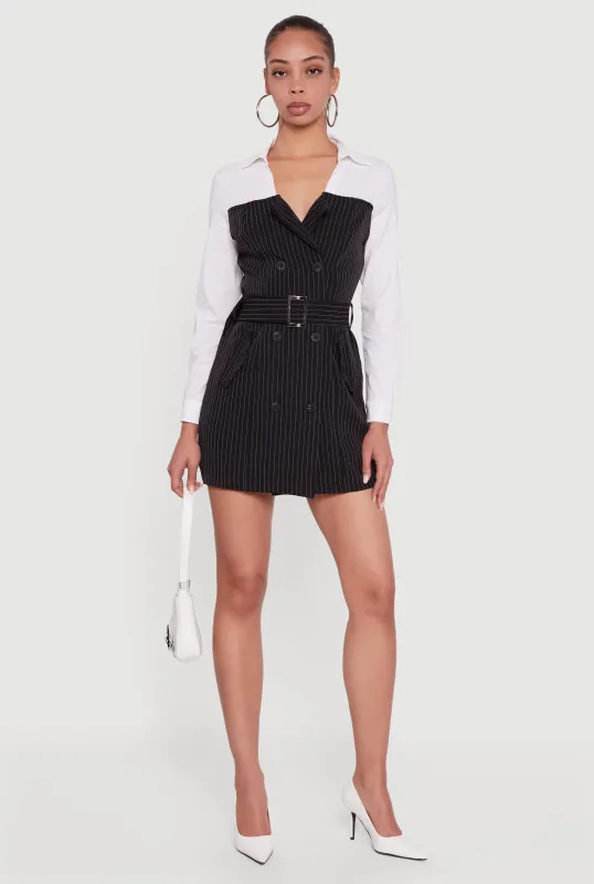 Pinstripe Belted Blazer Mini Dress with Shirt Collar sold by Rainbow