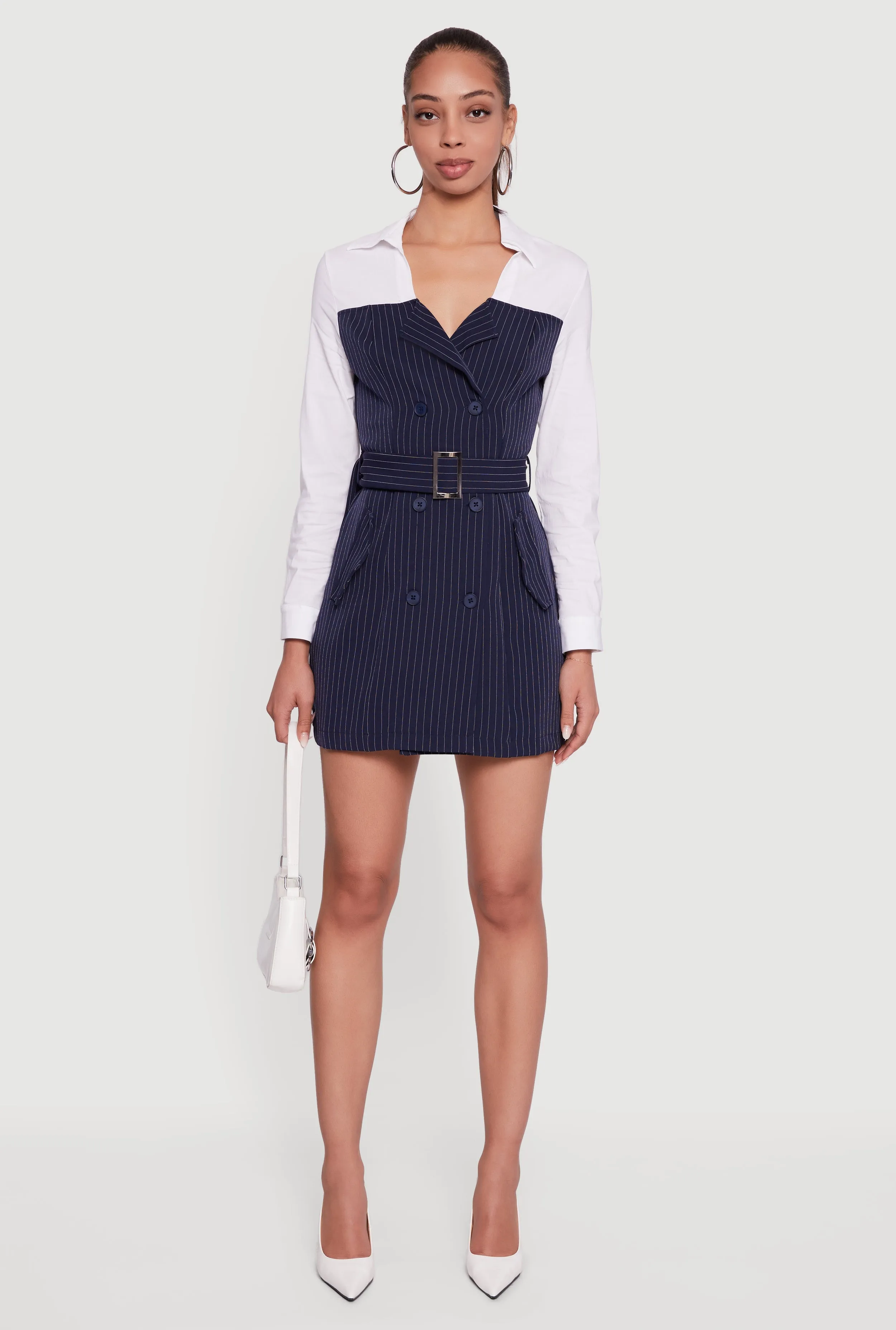Pinstripe Belted Blazer Mini Dress with Shirt Collar sold by Rainbow product image thumbnail 2