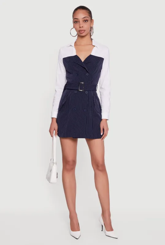 Pinstripe Belted Blazer Mini Dress with Shirt Collar sold by Rainbow