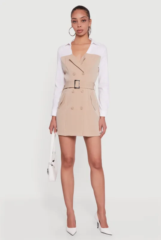 Pinstripe Belted Blazer Mini Dress with Shirt Collar sold by Rainbow