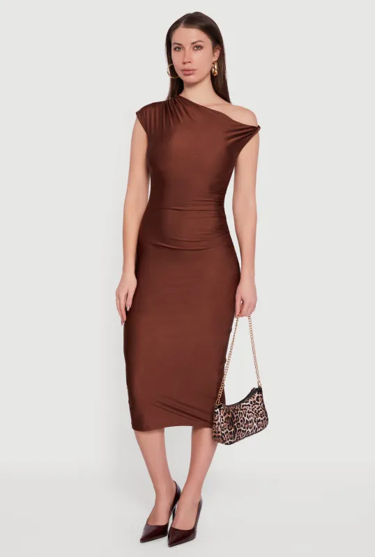 One Shoulder Cap Sleeve Ruched Midi Dress sold by Rainbow