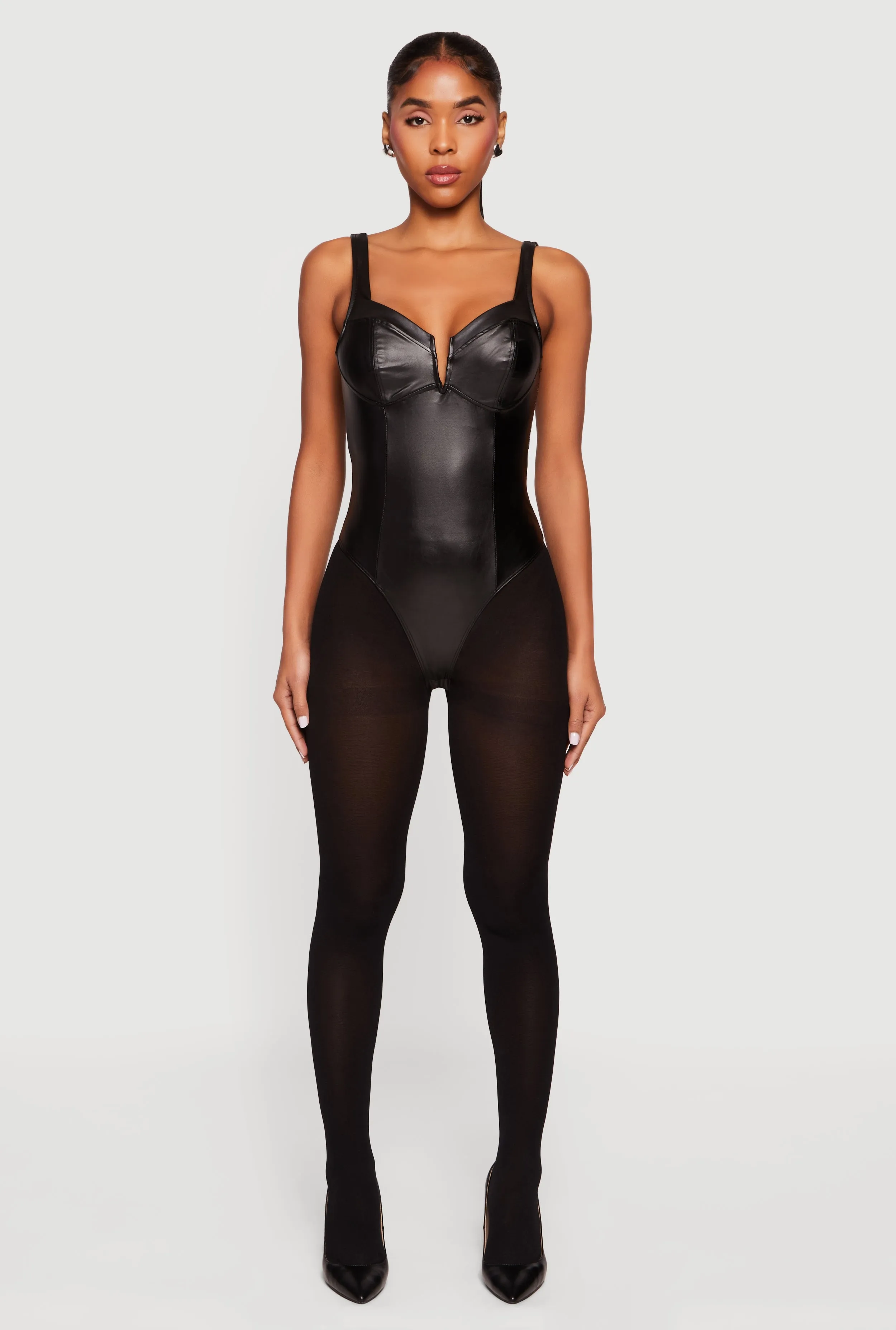 Leather Look Sleeveless Bustier Bodysuit sold by Rainbow