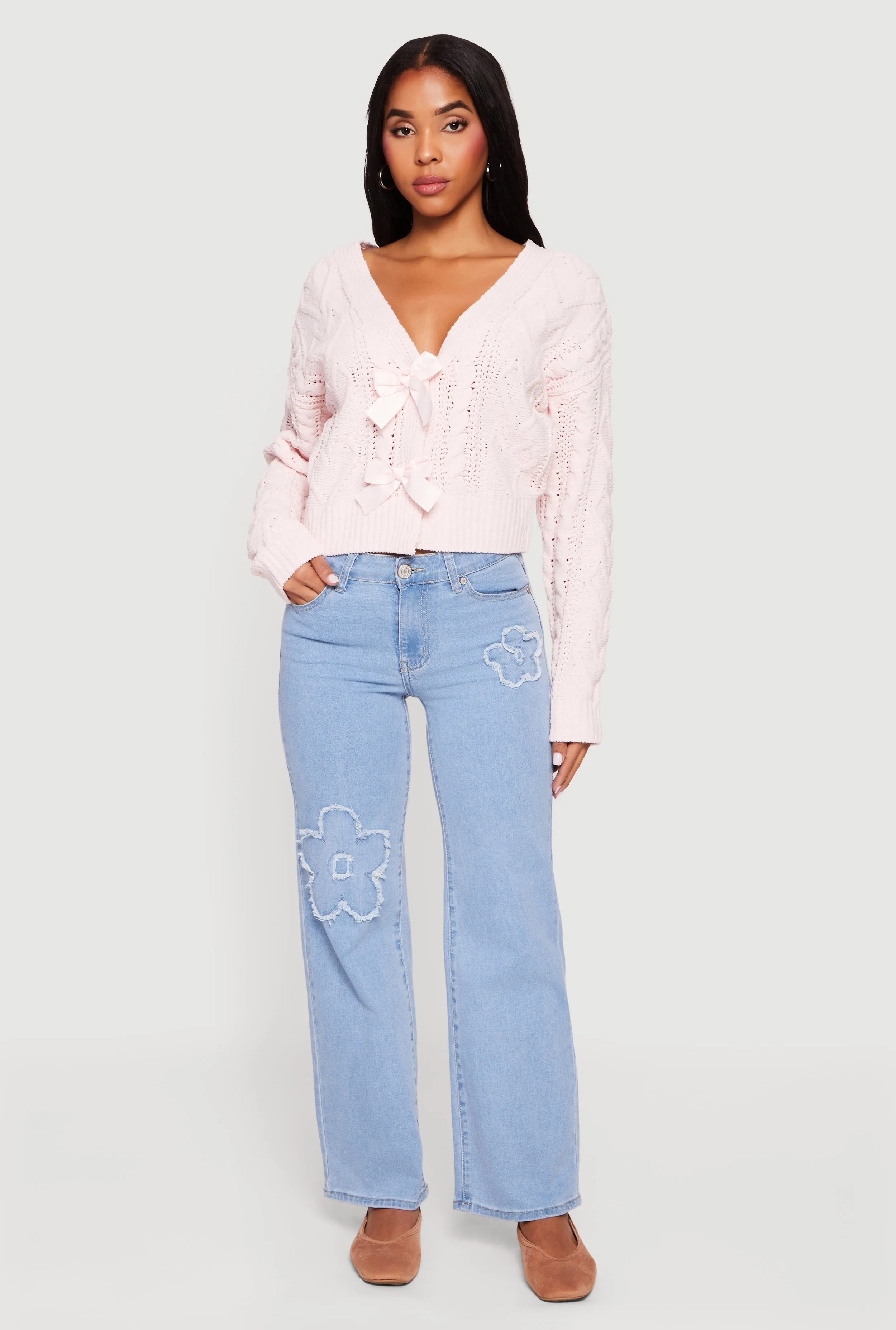 Chenille Cable Knit Long Sleeve Cardigan with Bows sold by Rainbow product image thumbnail 3