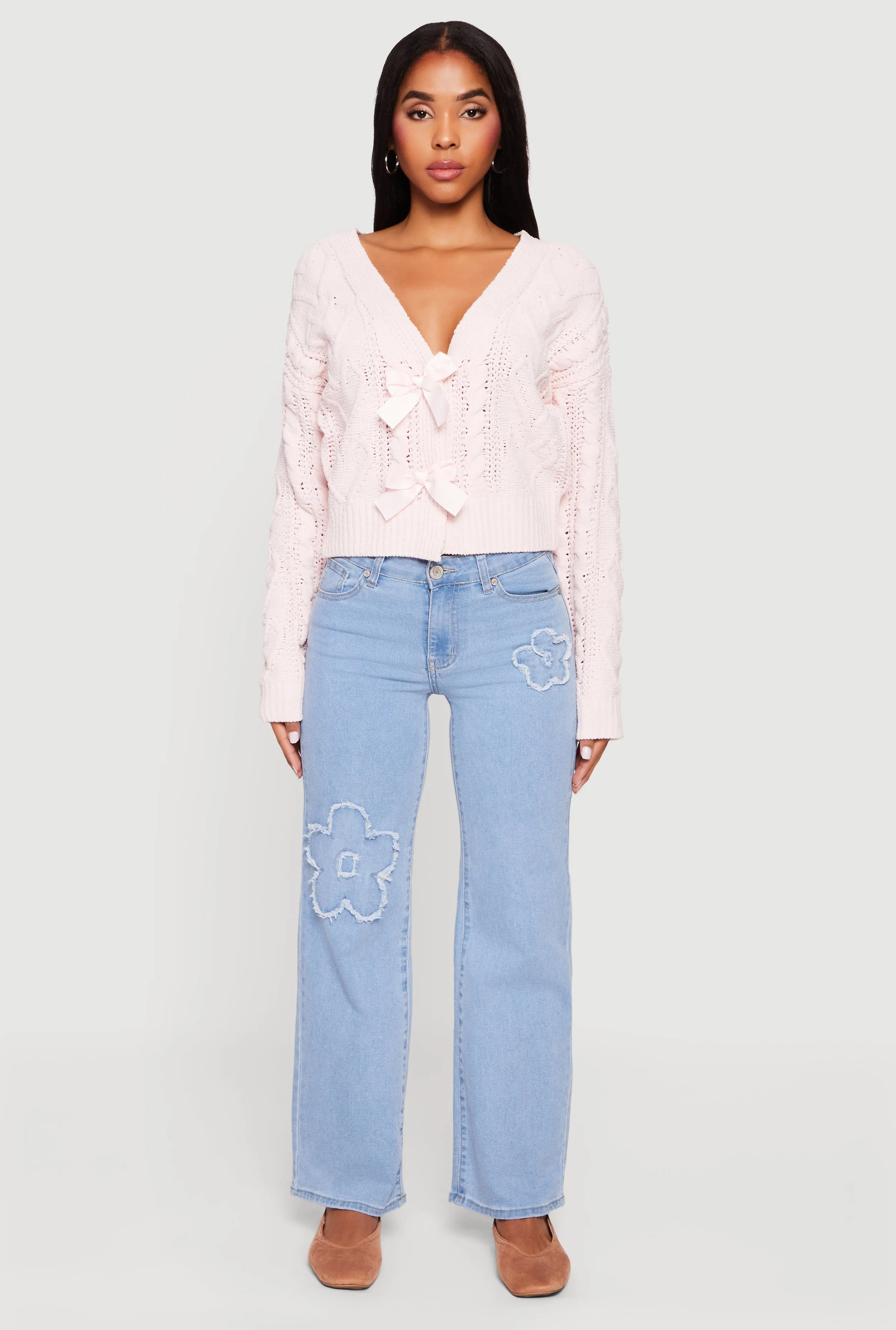 Chenille Cable Knit Long Sleeve Cardigan with Bows sold by Rainbow