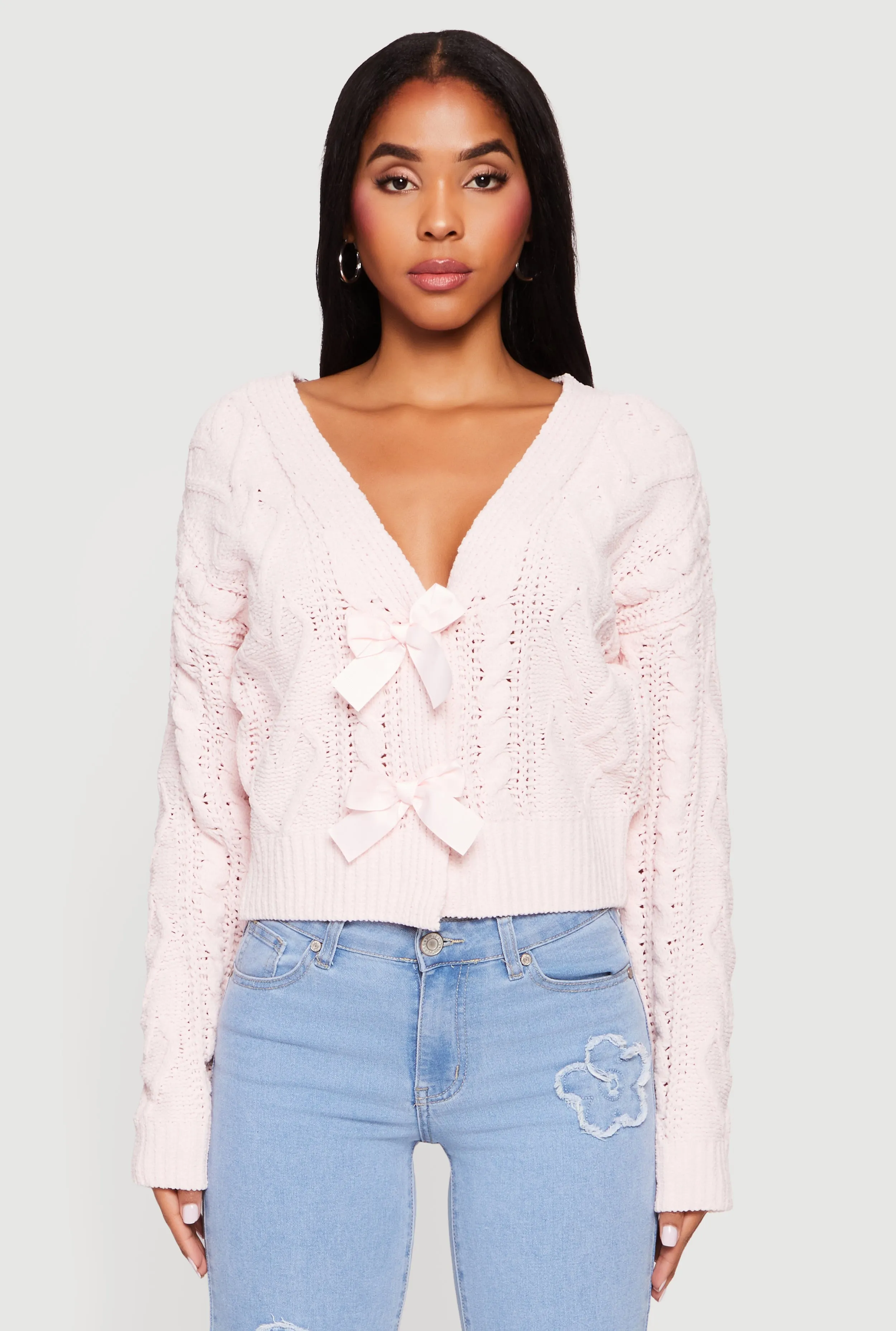 Chenille Cable Knit Long Sleeve Cardigan with Bows sold by Rainbow product image thumbnail 2