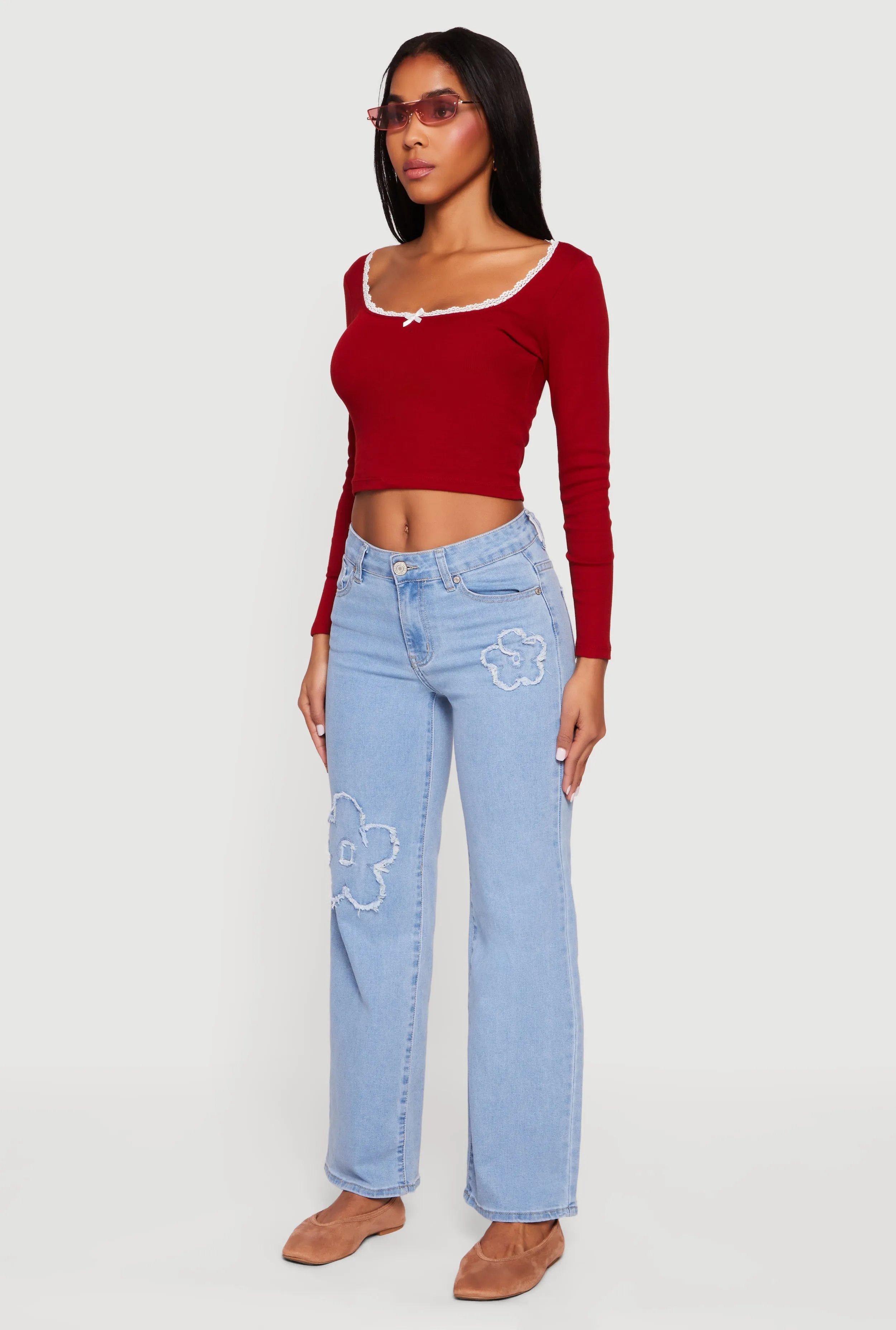 Lace Detail Scoop Neck Long Sleeve Crop Top sold by Rainbow product image thumbnail 5