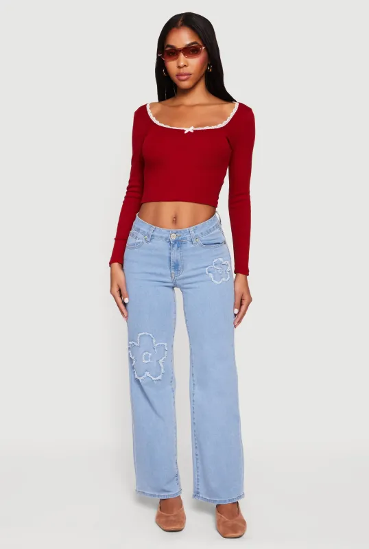Lace Detail Scoop Neck Long Sleeve Crop Top sold by Rainbow