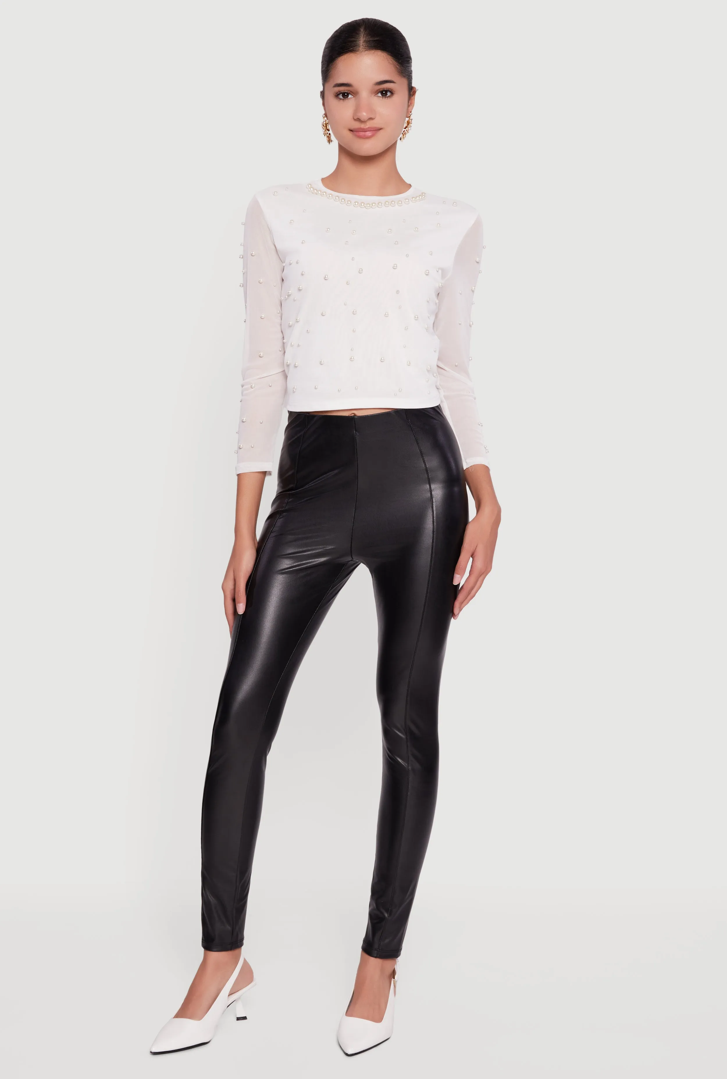 Mesh Long Sleeve Top with Faux Pearls sold by Rainbow