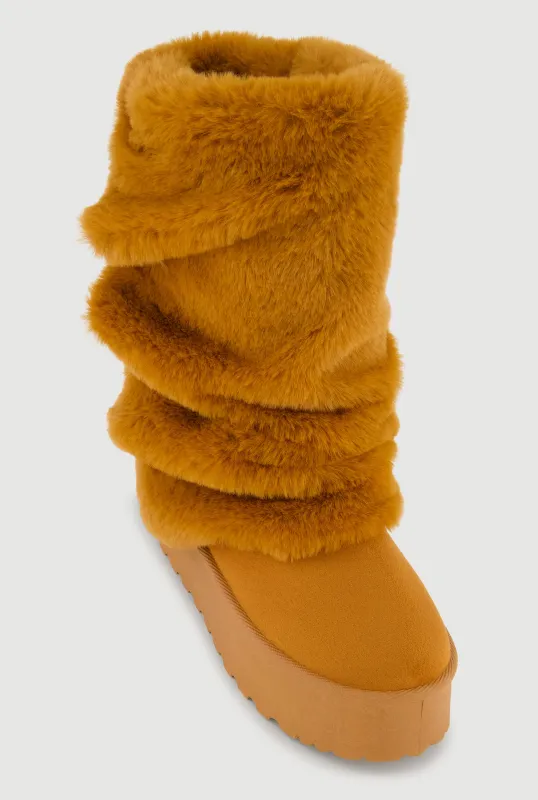Faux Fur Mid Calf Platform Slouch Boots sold by Rainbow