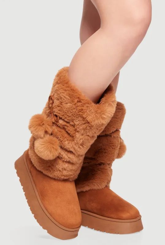 Faux Fur Platform Boots with Pom Poms sold by Rainbow