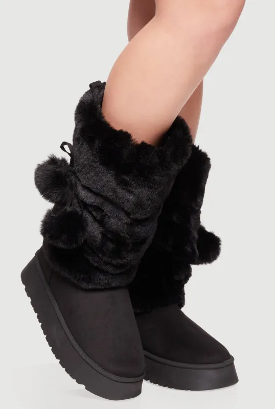 Faux Fur Platform Boots with Pom Poms sold by Rainbow