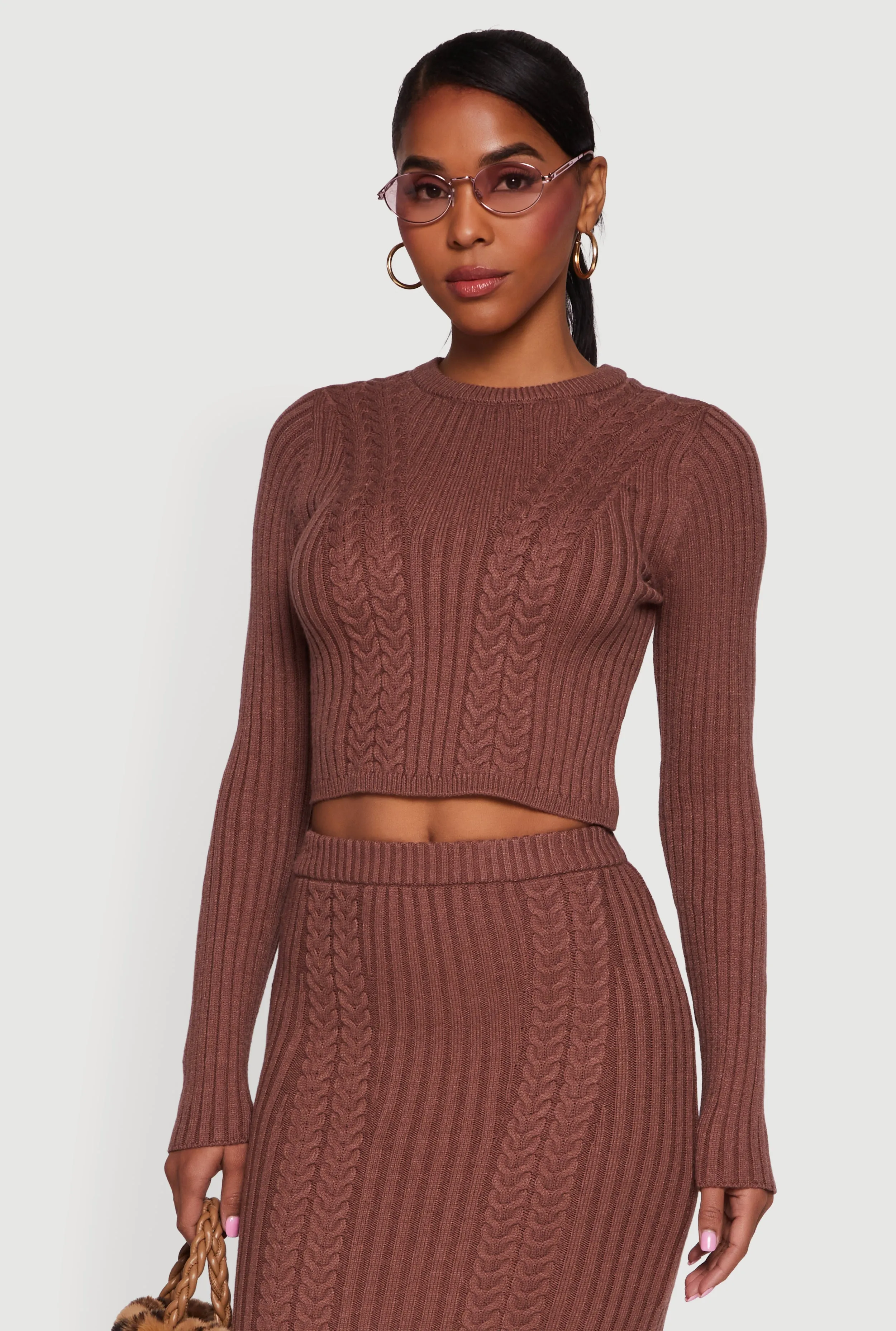 Ribbed Knit Trim Cropped Cable Knit Sweater sold by Rainbow