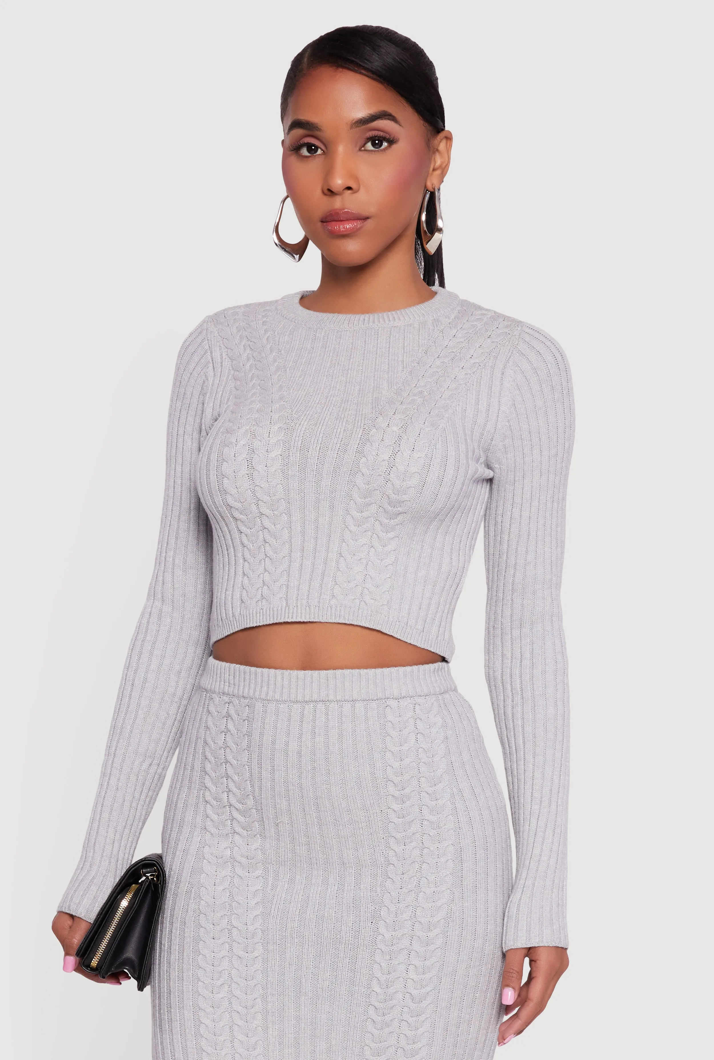 Ribbed Knit Trim Cropped Cable Knit Sweater sold by Rainbow product image thumbnail 4