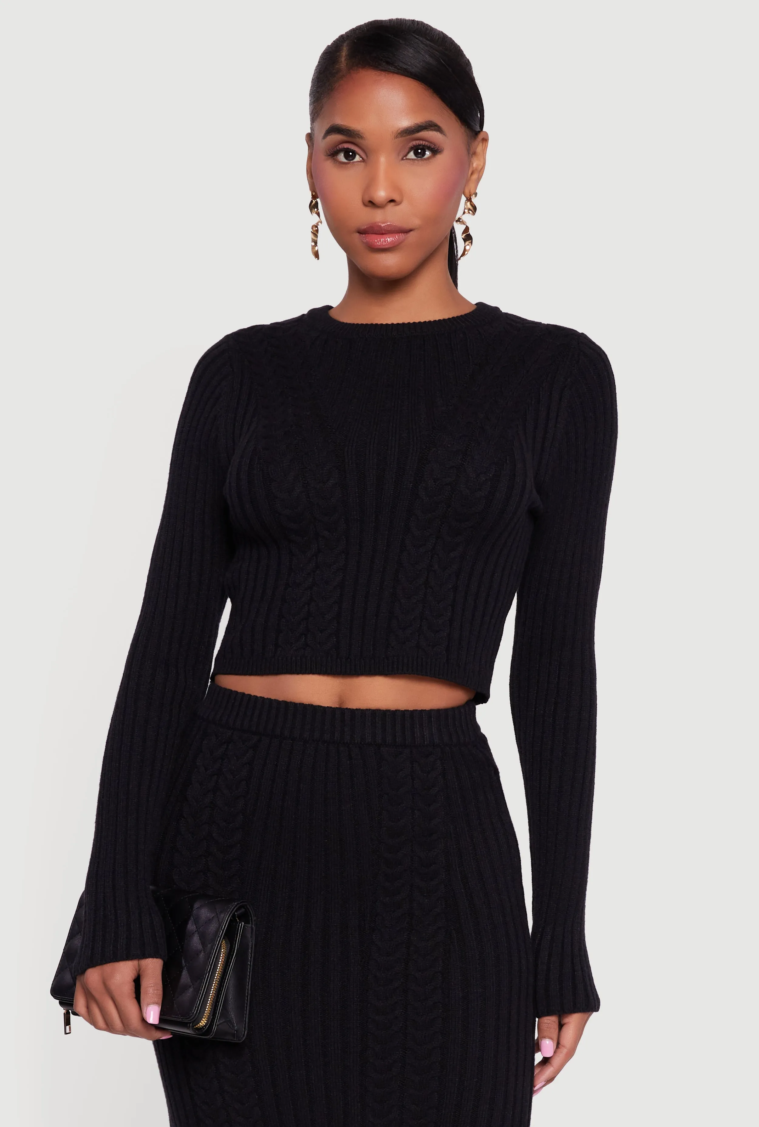 Ribbed Knit Trim Cropped Cable Knit Sweater sold by Rainbow product image thumbnail 2