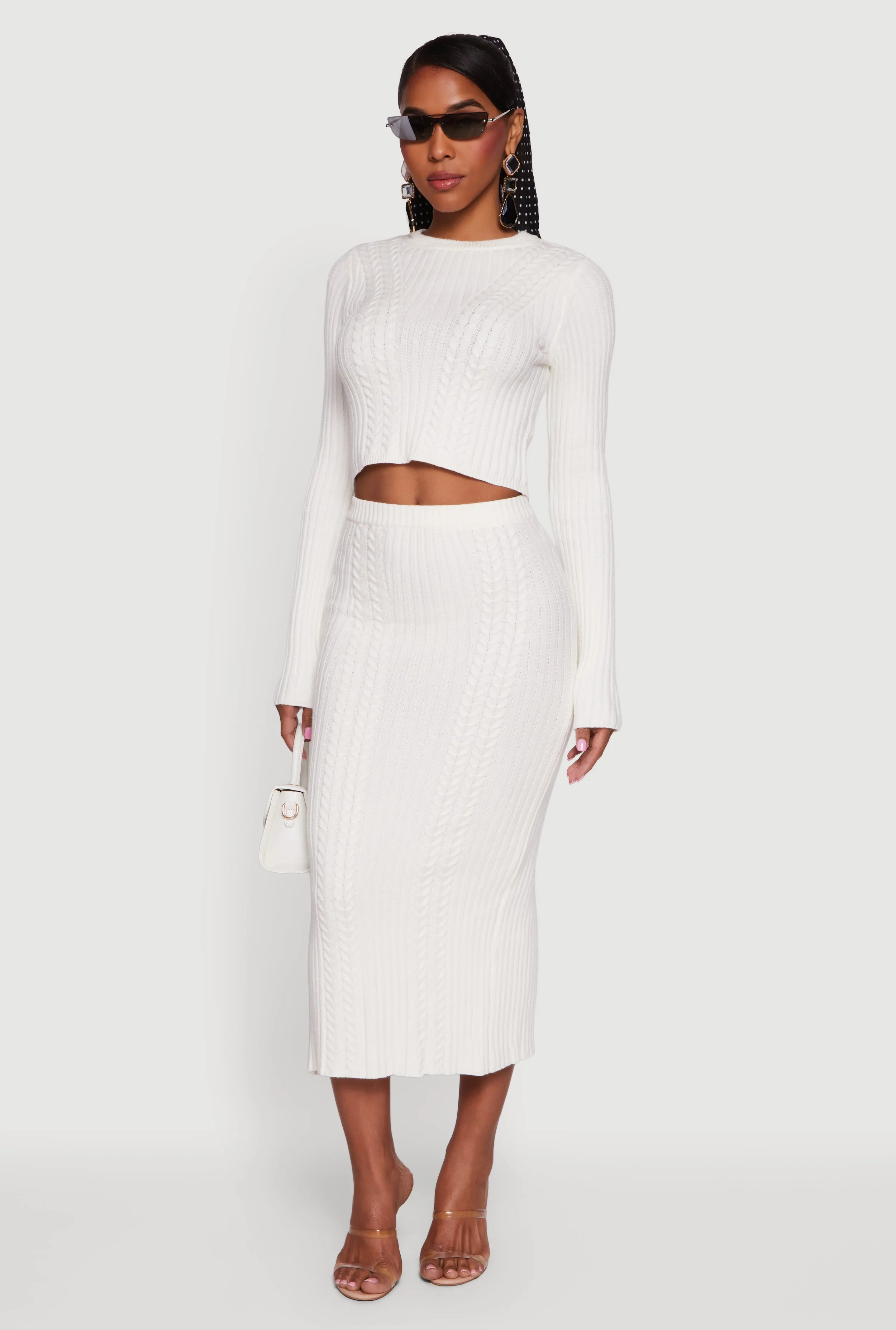 Ribbed Knit Trim Cropped Cable Knit Sweater sold by Rainbow product image thumbnail 3