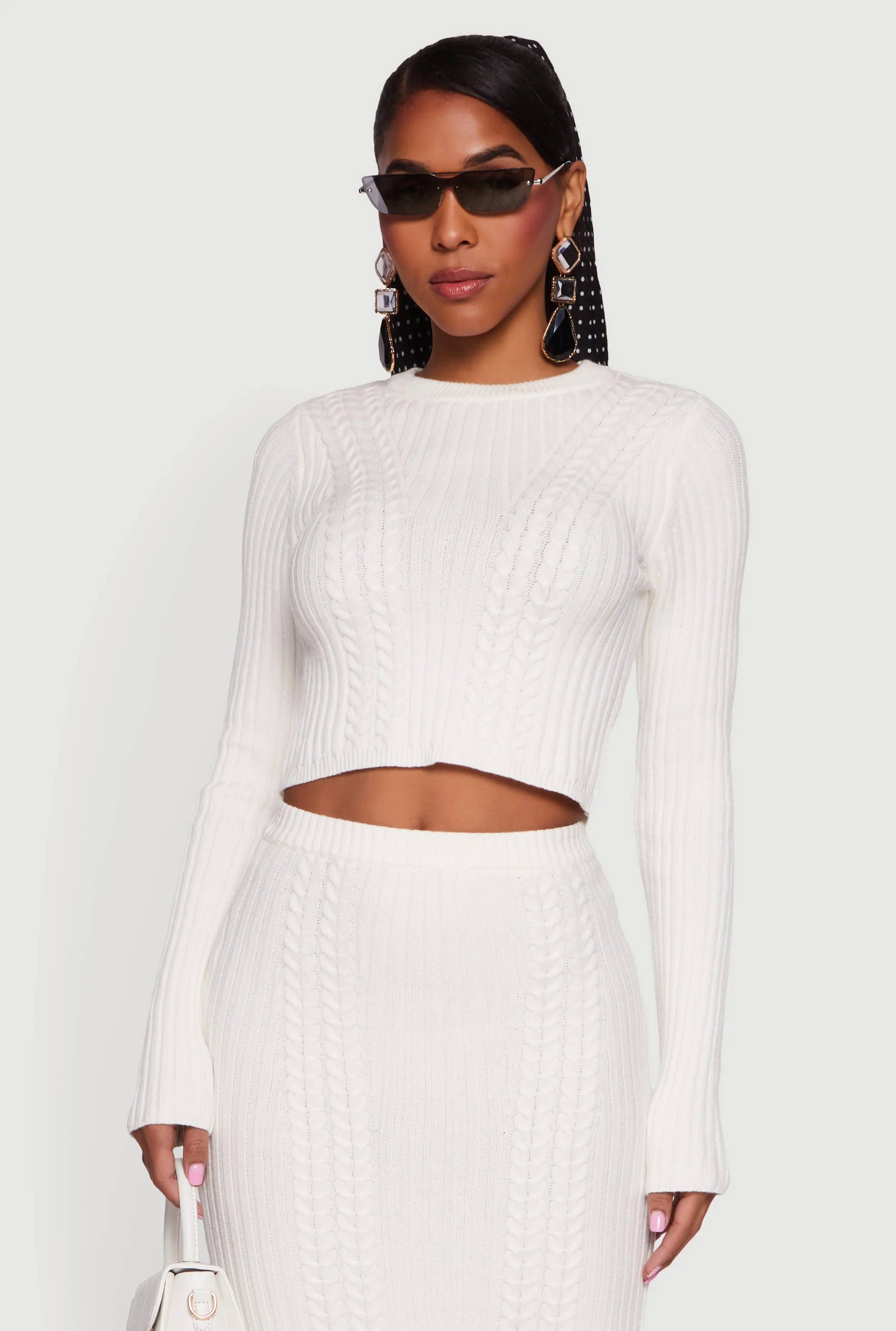 Ribbed Knit Trim Cropped Cable Knit Sweater sold by Rainbow