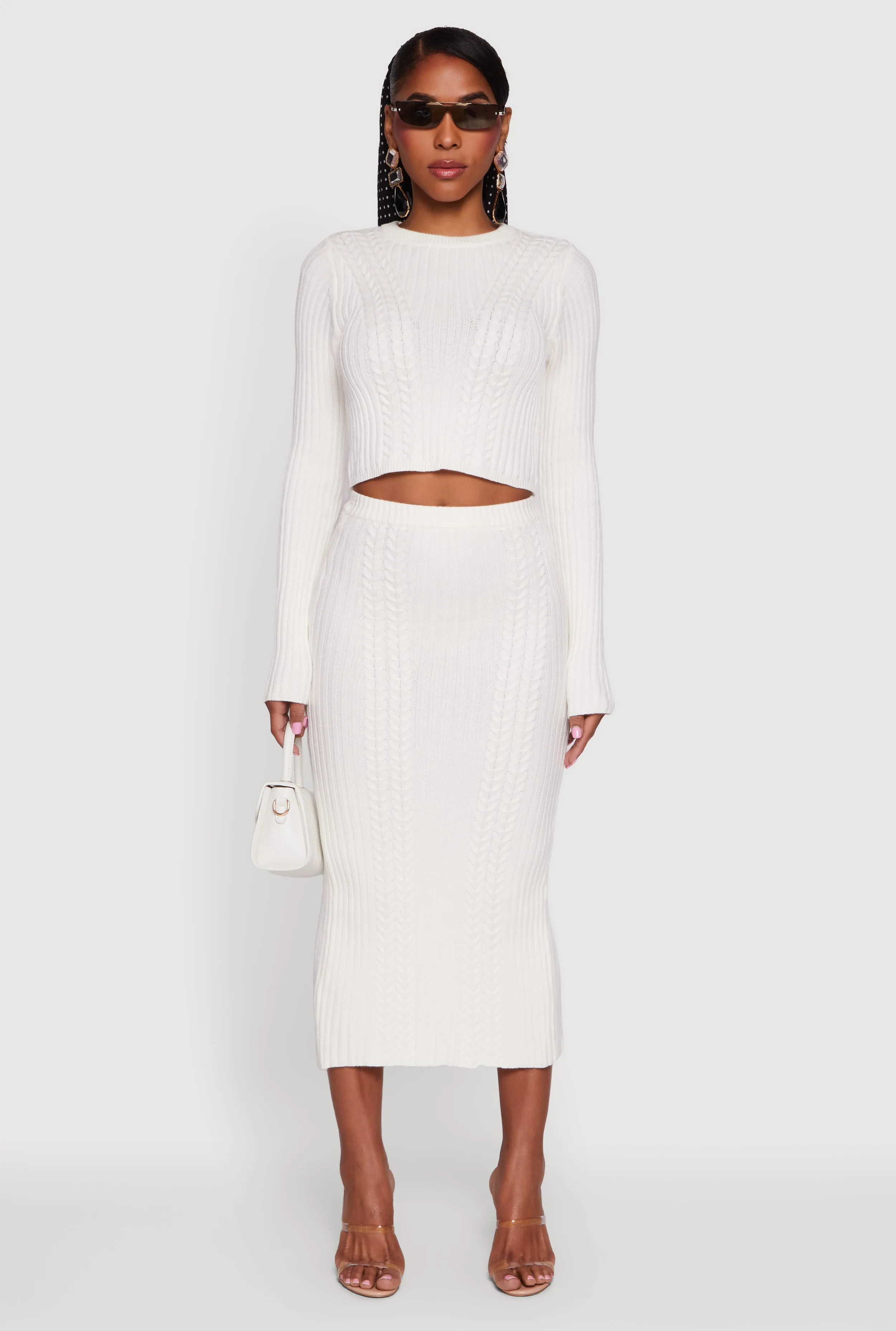 Ribbed Knit Trim Cropped Cable Knit Sweater sold by Rainbow product image thumbnail 2