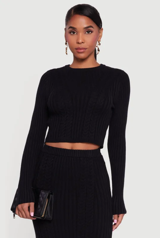 Ribbed Knit Trim Cropped Cable Knit Sweater sold by Rainbow