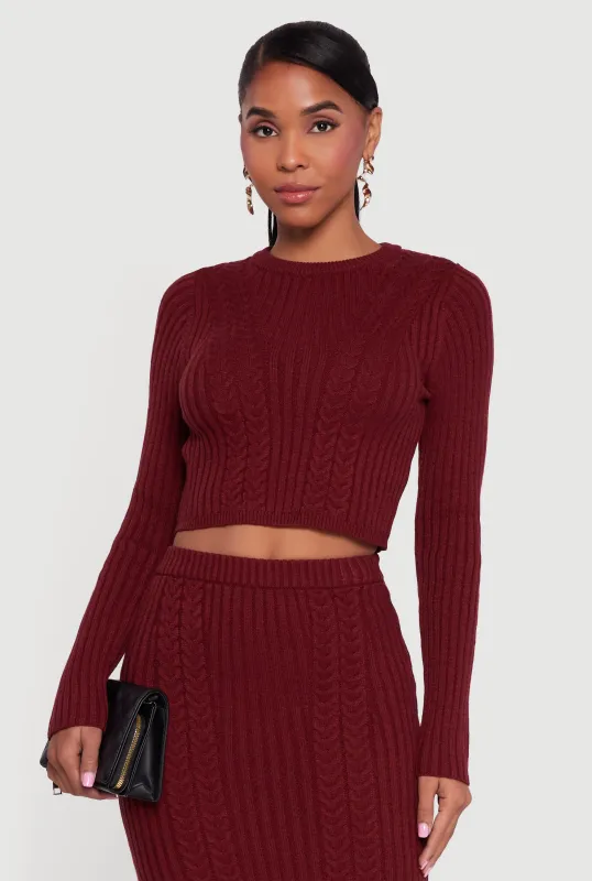 Ribbed Knit Trim Cropped Cable Knit Sweater sold by Rainbow