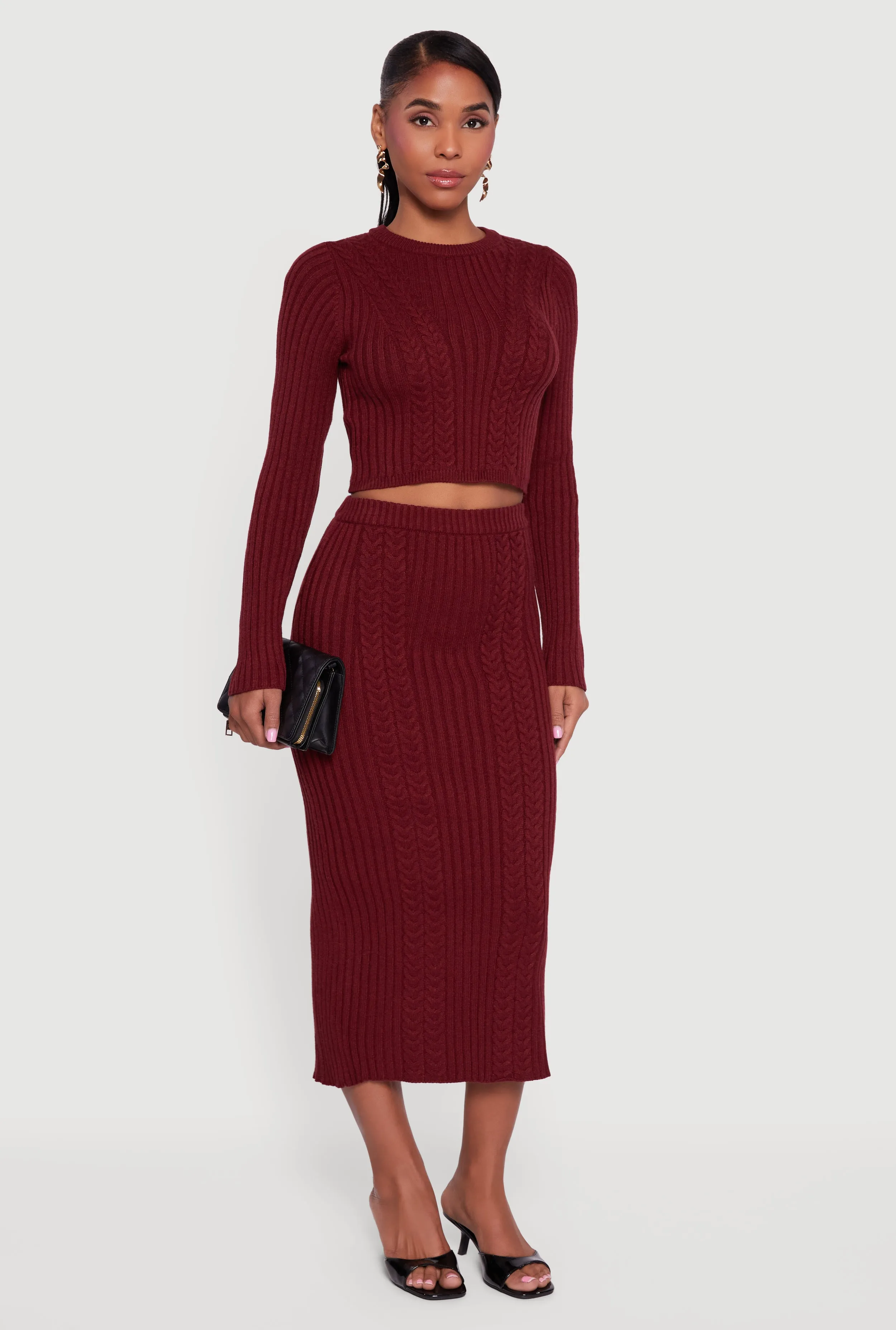 Ribbed Knit Trim Cropped Cable Knit Sweater sold by Rainbow product image thumbnail 2