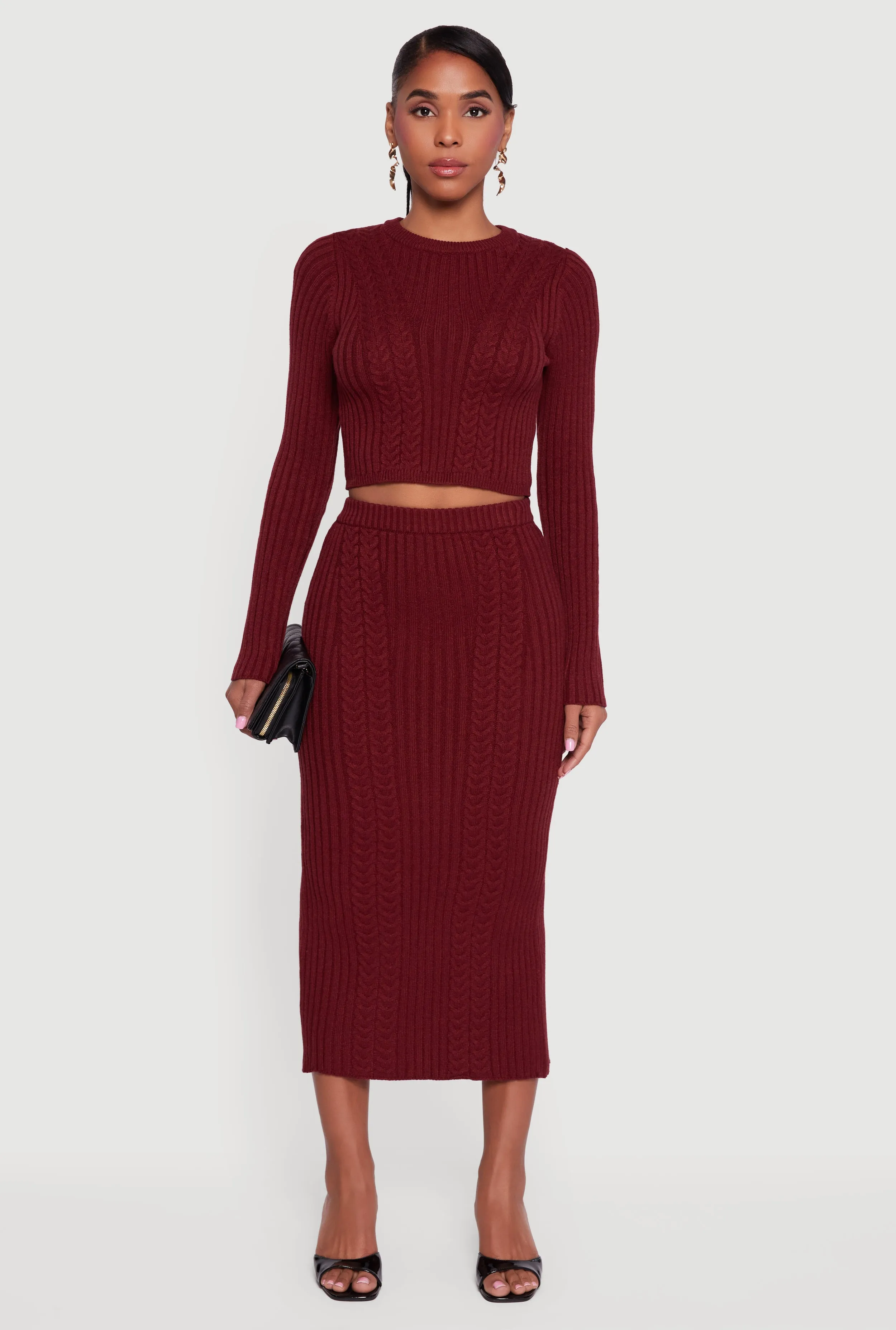 Ribbed Knit Trim Cropped Cable Knit Sweater sold by Rainbow product image thumbnail 3