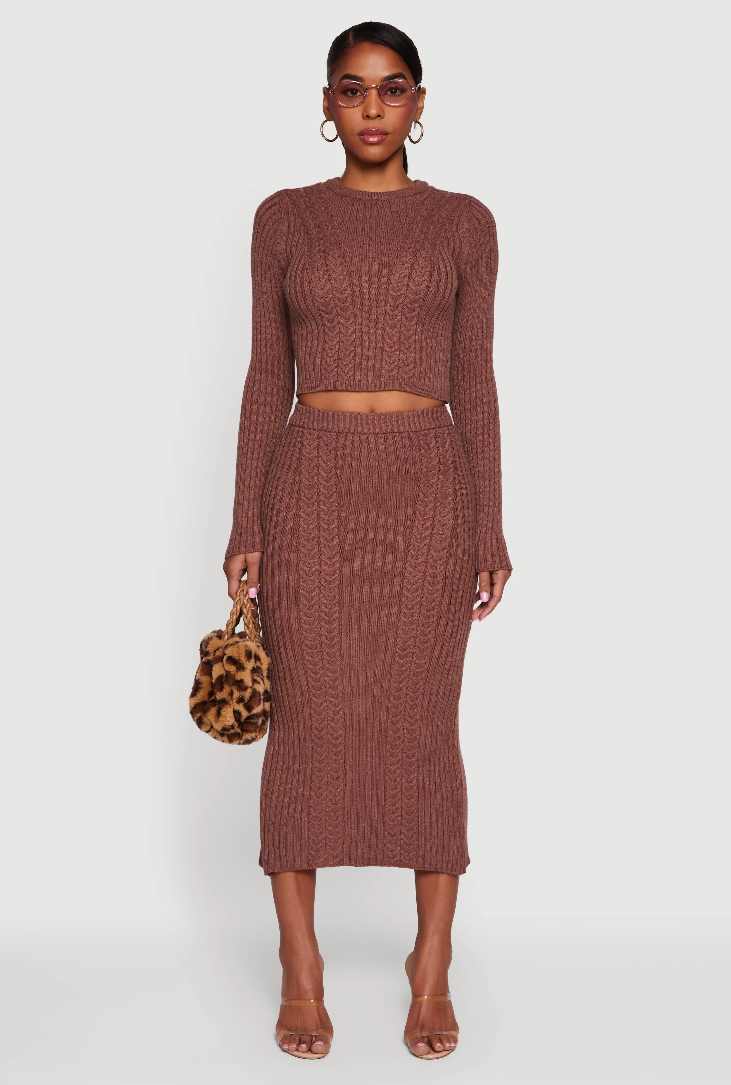 Ribbed Knit Trim Cropped Cable Knit Sweater sold by Rainbow product image thumbnail 2