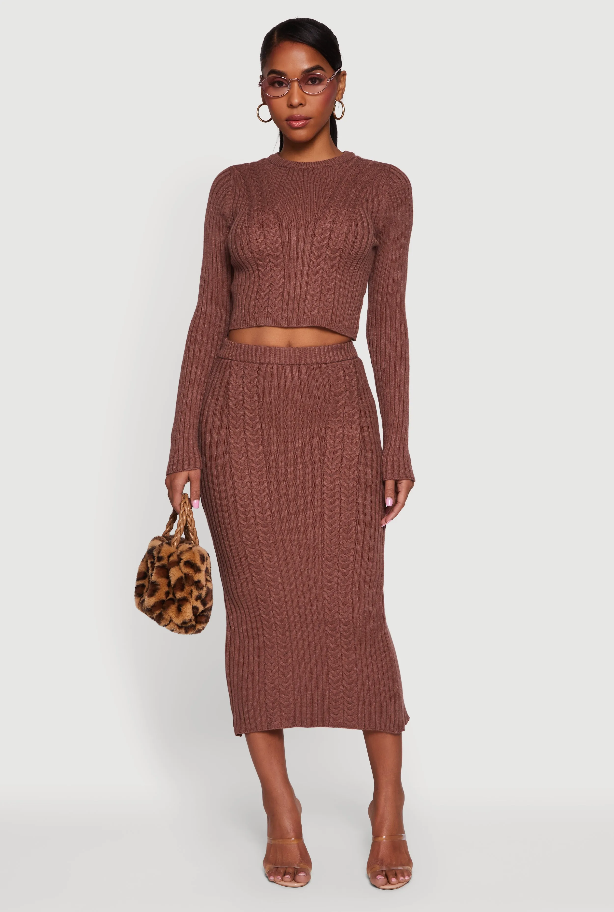 Ribbed Knit Trim Cropped Cable Knit Sweater sold by Rainbow product image thumbnail 3