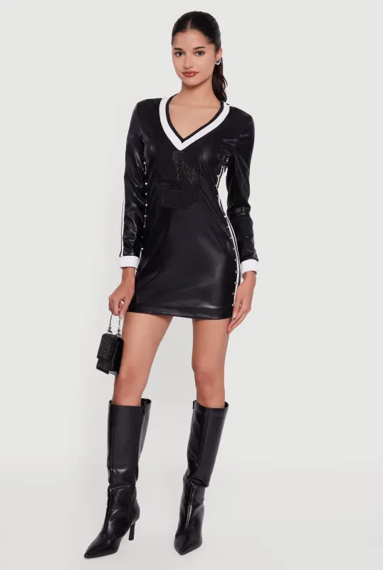 Studded 9 Graphic Faux Leather Mini Dress sold by Rainbow
