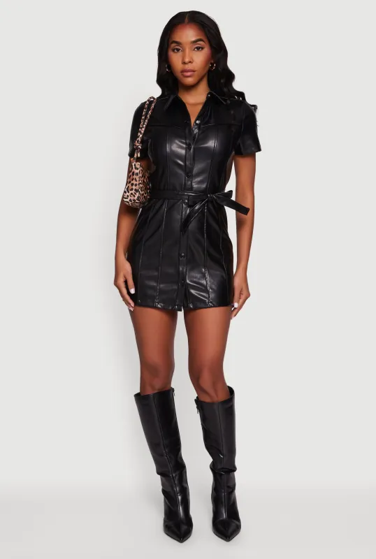 Faux Leather Tie Waist Belted Snap Button Front Dress sold by Rainbow