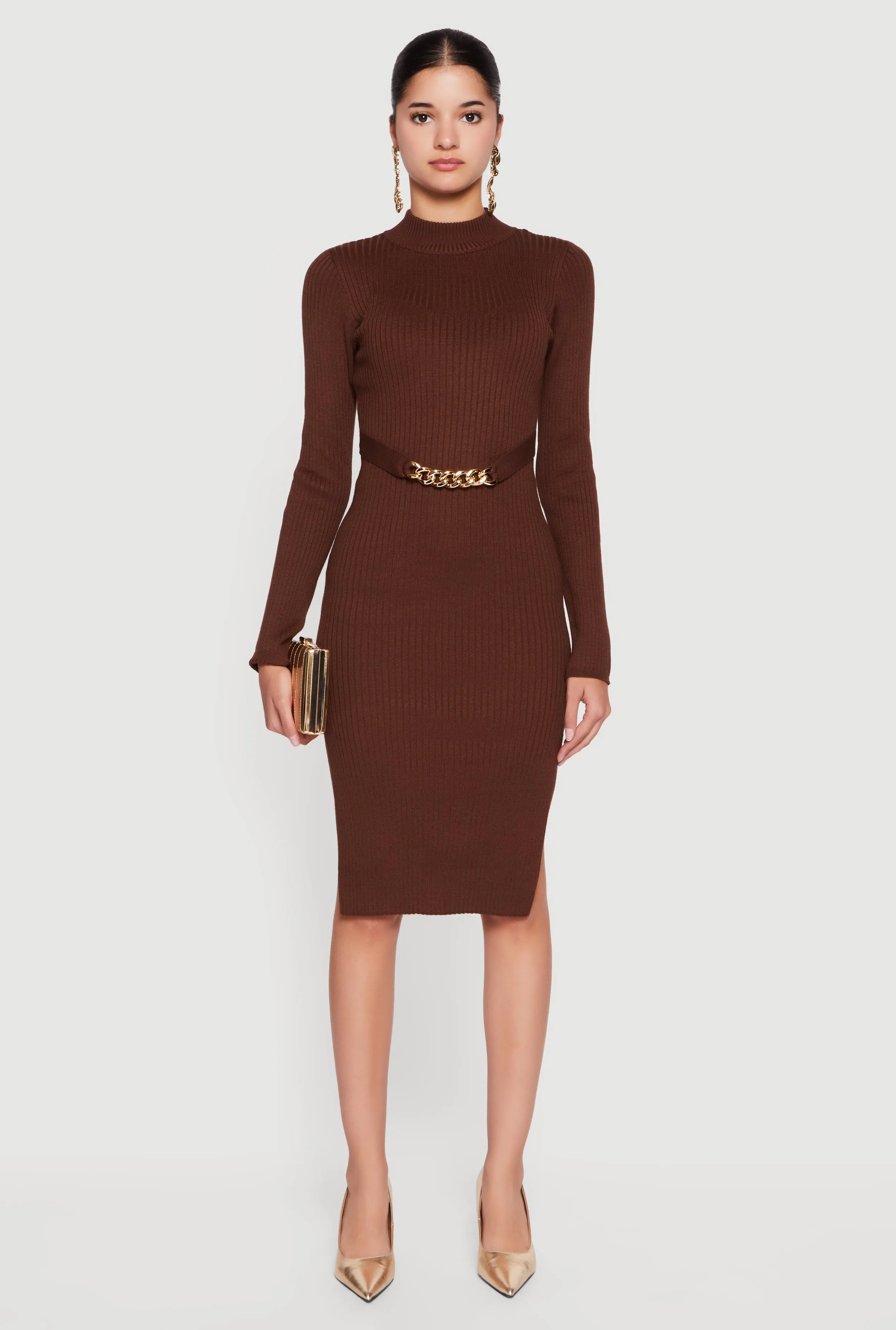 Chain Belted Front Side Slit Sweater Dress sold by Rainbow product image thumbnail 3