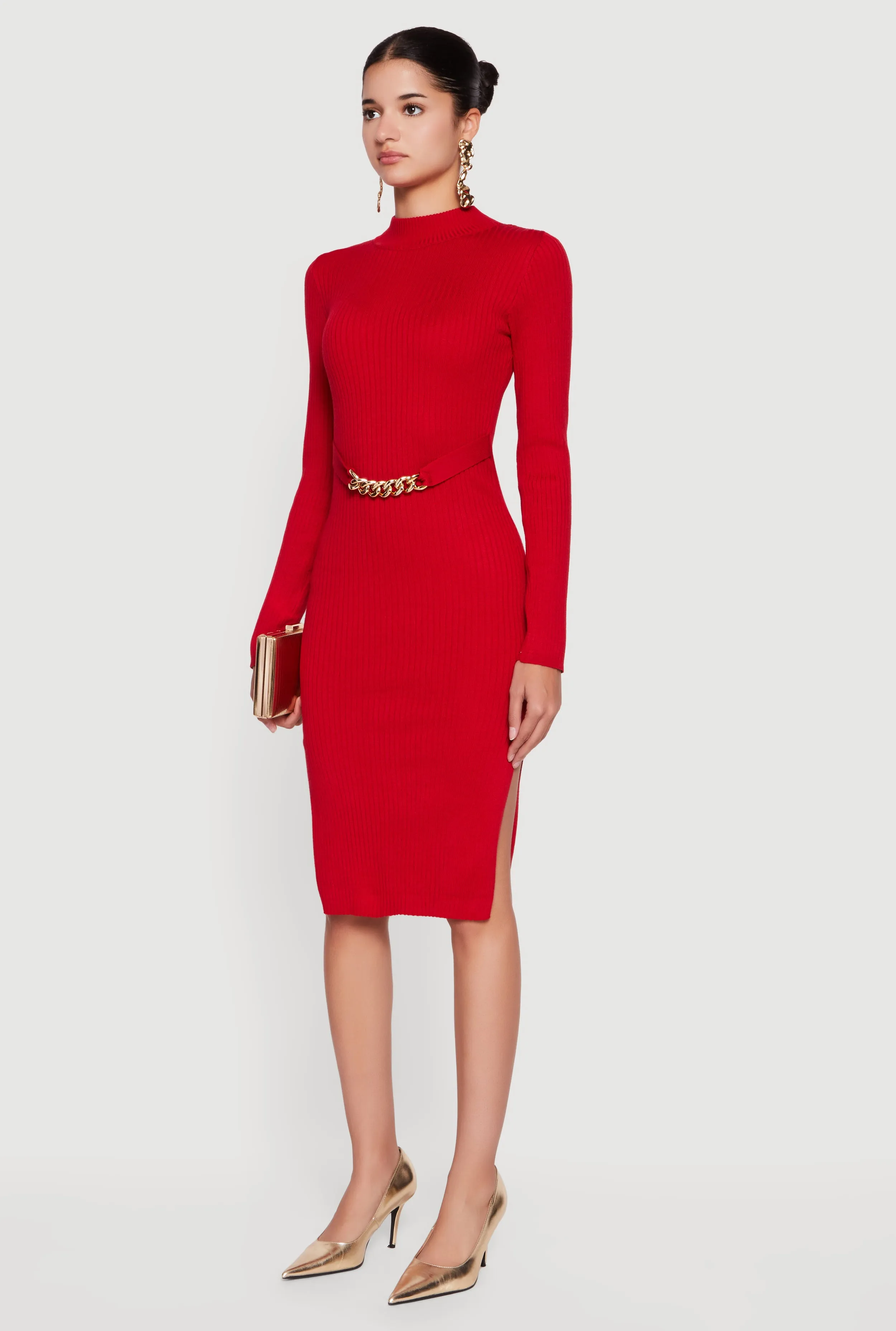 Chain Belted Front Side Slit Sweater Dress sold by Rainbow product image thumbnail 3