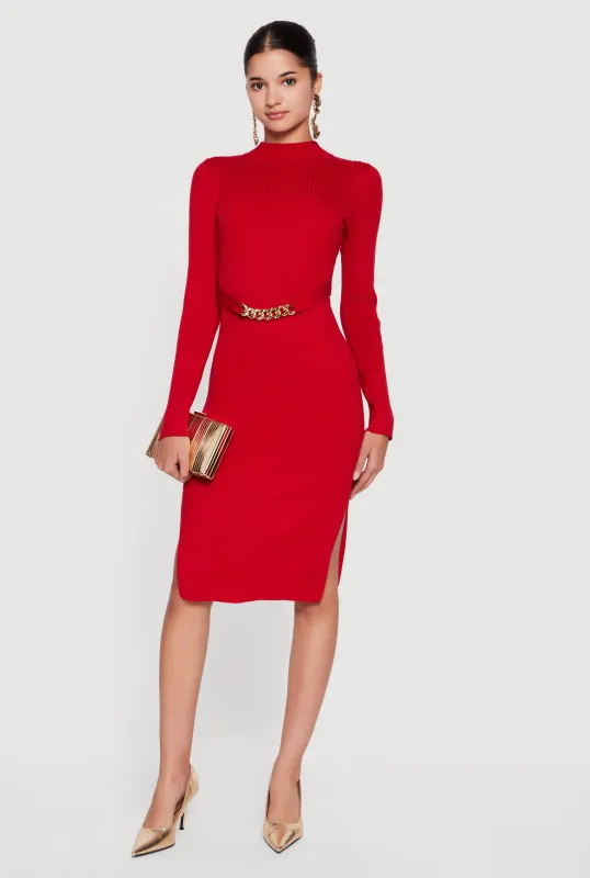 Chain Belted Front Side Slit Sweater Dress sold by Rainbow