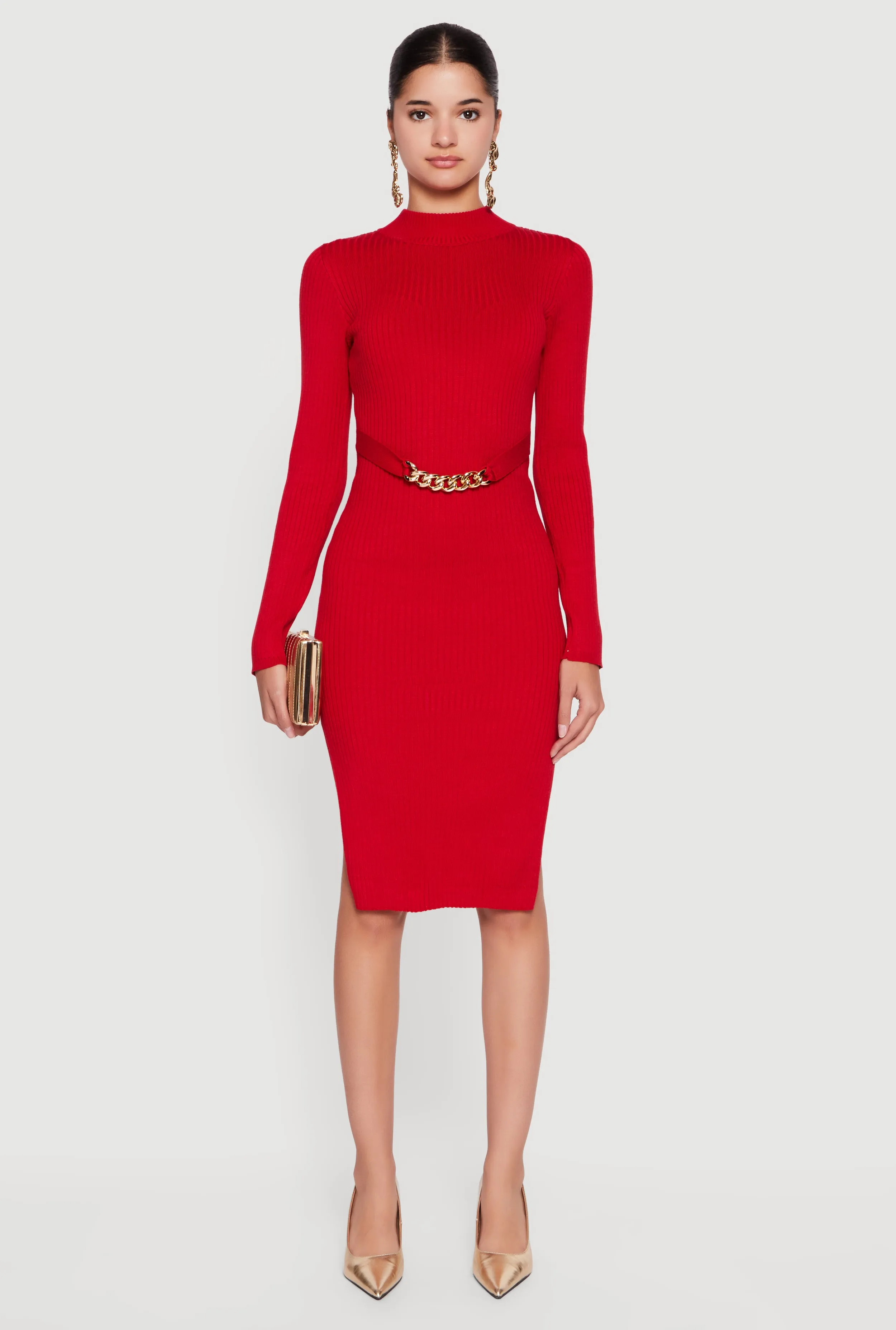 Chain Belted Front Side Slit Sweater Dress sold by Rainbow product image thumbnail 2