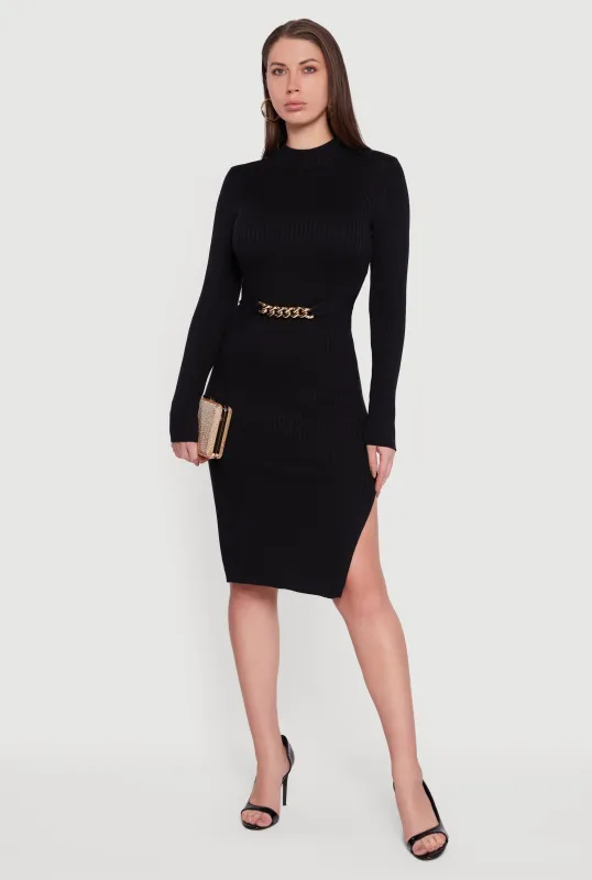 Chain Belted Front Side Slit Sweater Dress sold by Rainbow
