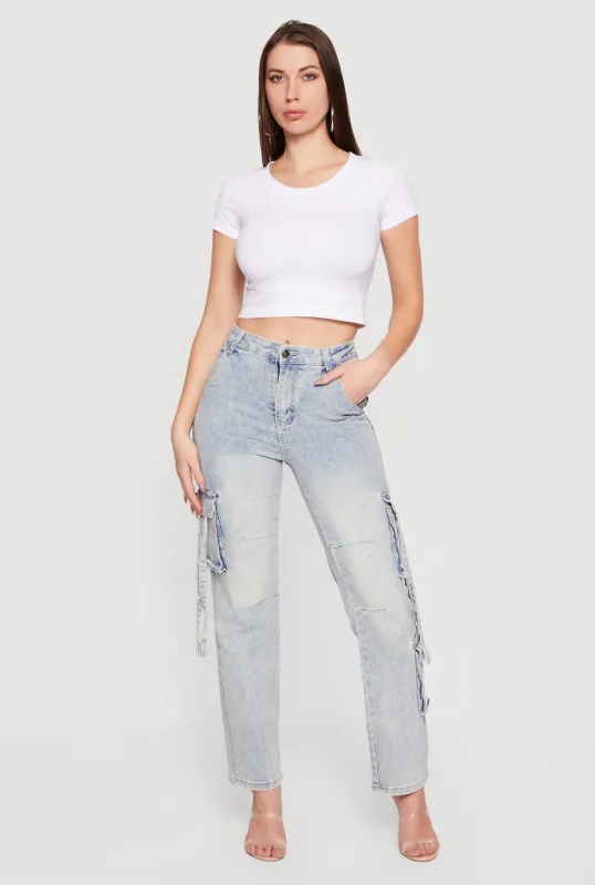 High Waisted Cargo Pocket Acid Wash Jeans sold by Rainbow