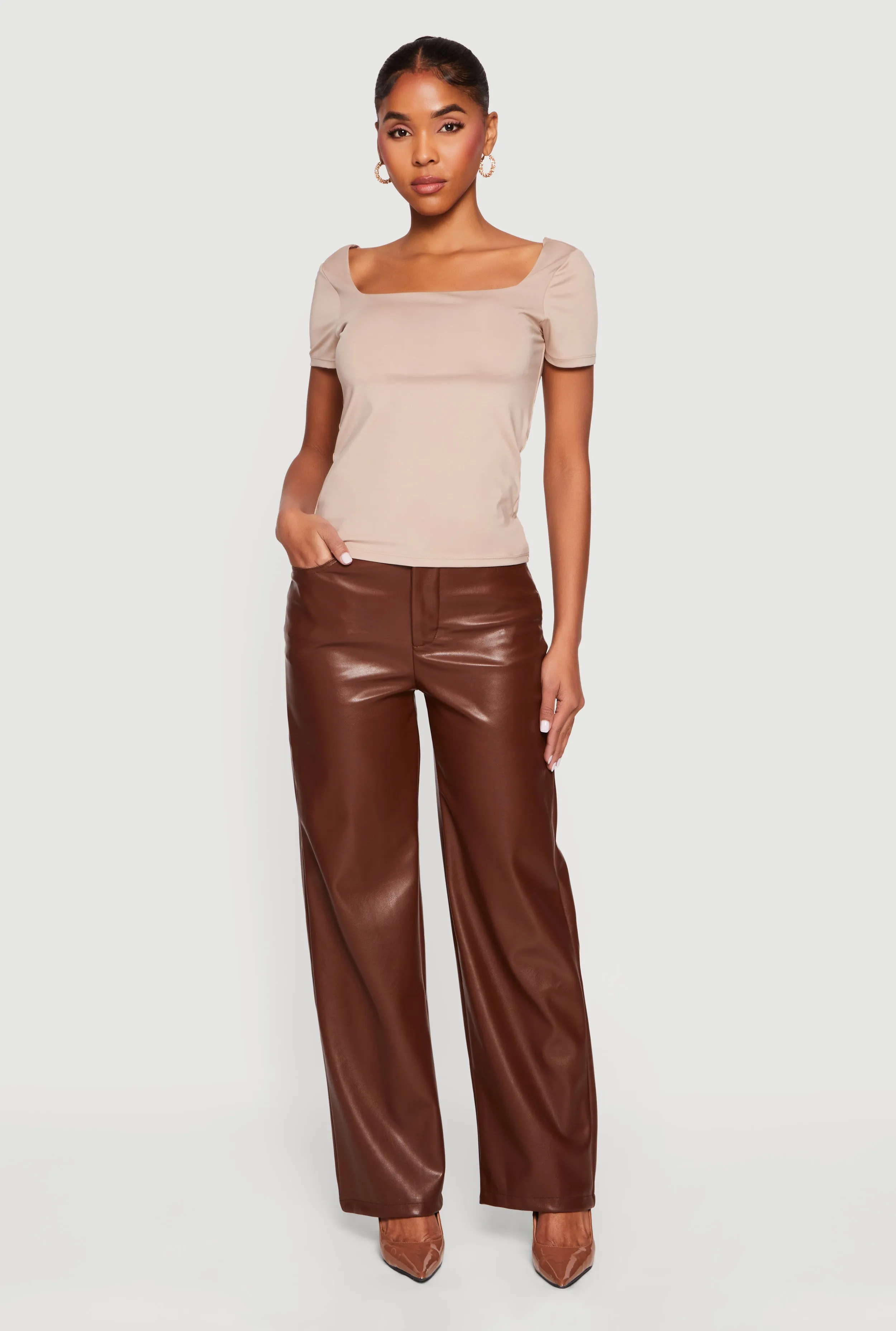Faux Leather High Waisted Straight Leg Dress Pants sold by Rainbow