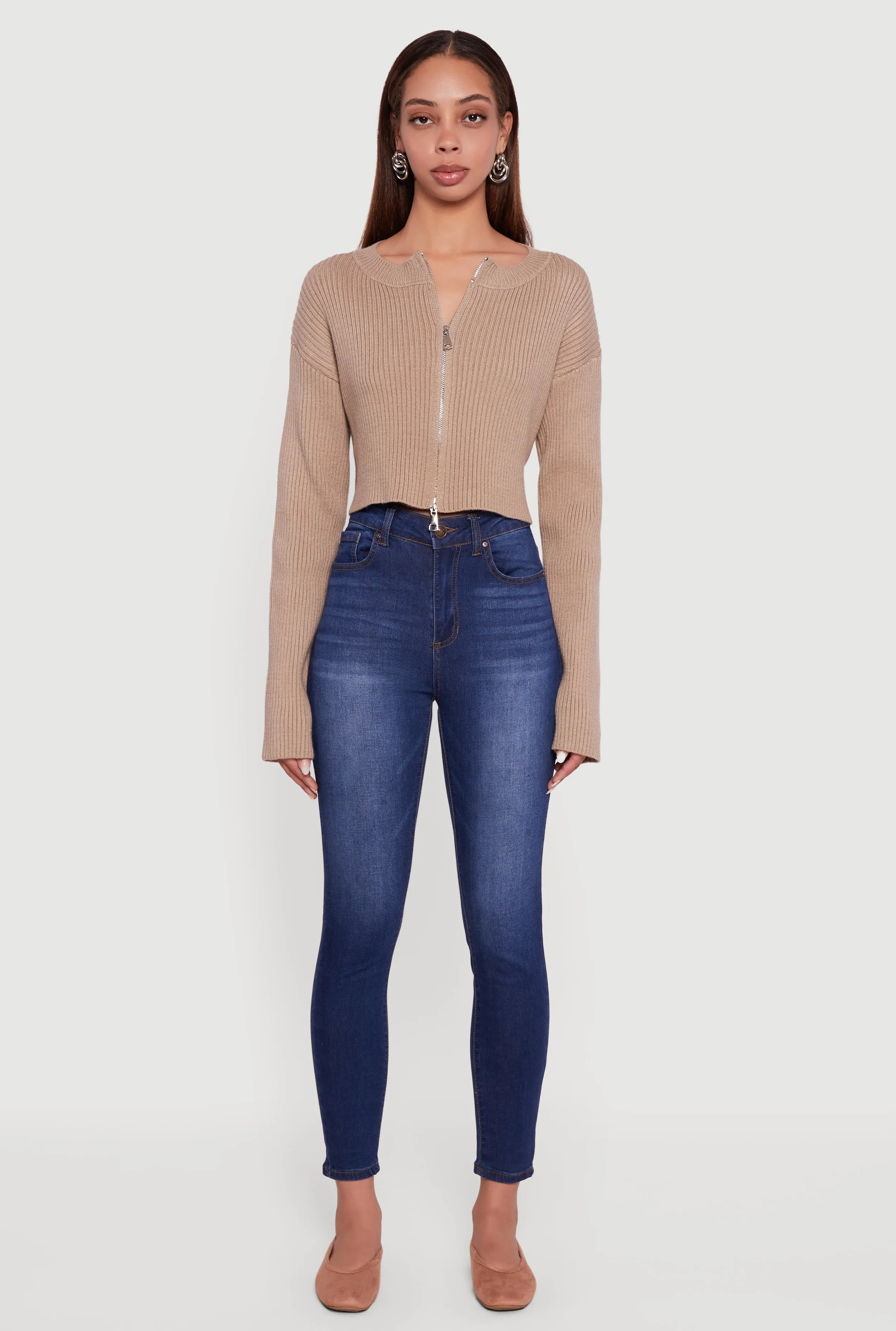 Ribbed Knit Long Sleeve Zip Front Cropped Sweater sold by Rainbow product image thumbnail 3