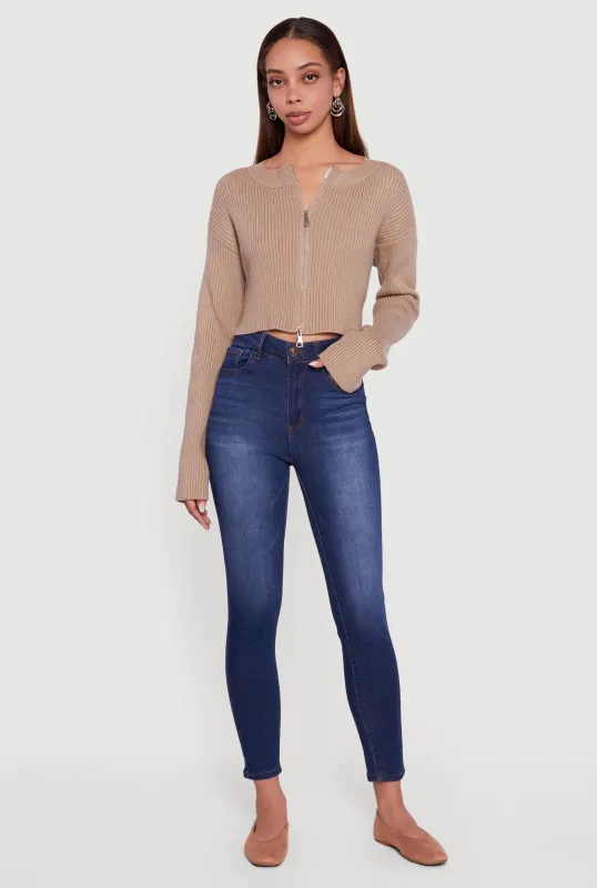 Ribbed Knit Long Sleeve Zip Front Cropped Sweater sold by Rainbow