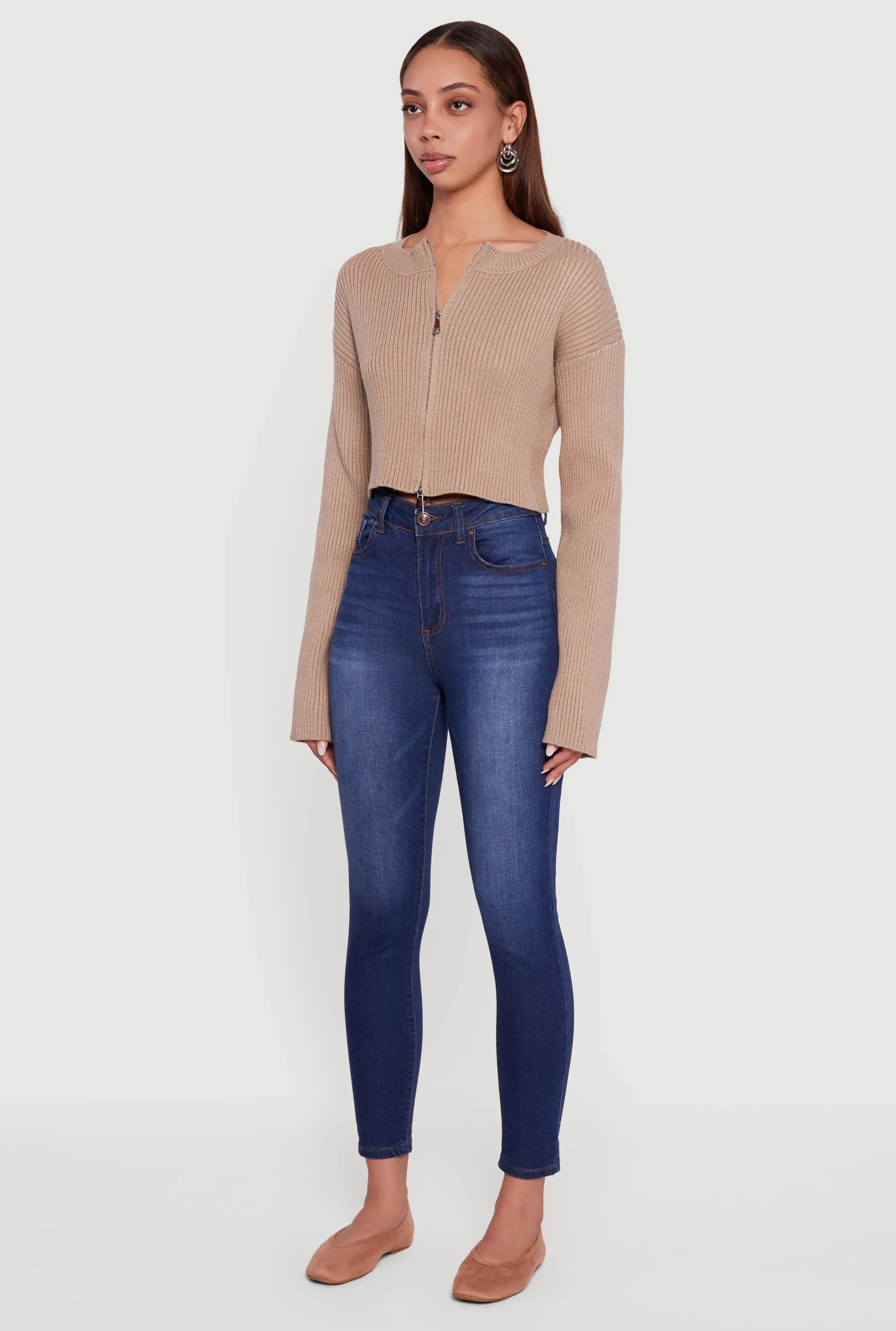 Ribbed Knit Long Sleeve Zip Front Cropped Sweater sold by Rainbow product image thumbnail 5