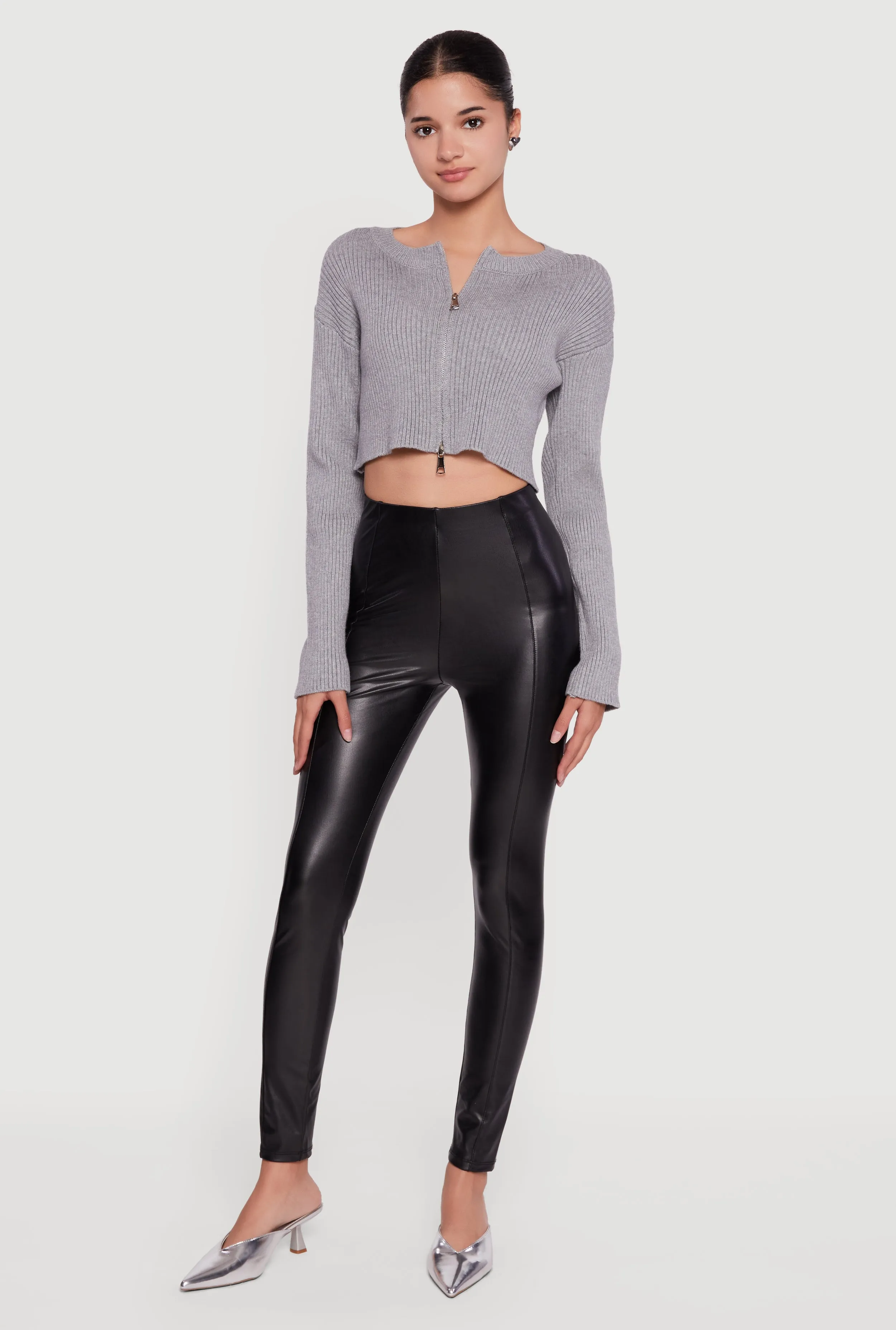 Ribbed Knit Long Sleeve Zip Front Cropped Sweater sold by Rainbow product image thumbnail 3