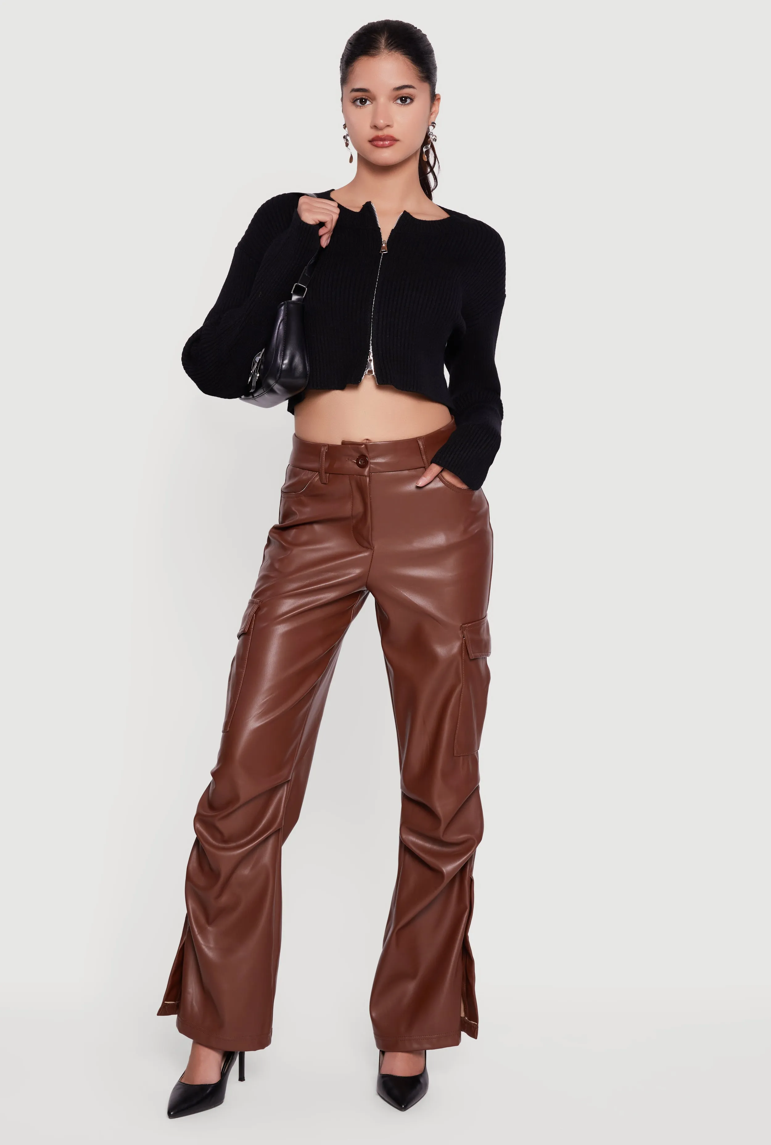 Ribbed Knit Long Sleeve Zip Front Cropped Sweater sold by Rainbow product image thumbnail 2