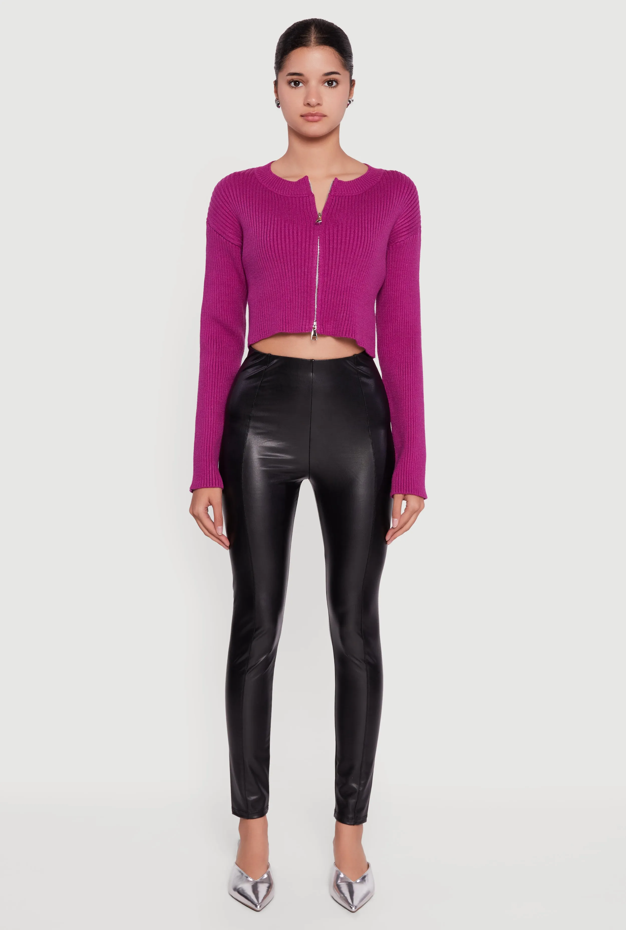 Ribbed Knit Long Sleeve Zip Front Cropped Sweater sold by Rainbow product image thumbnail 3