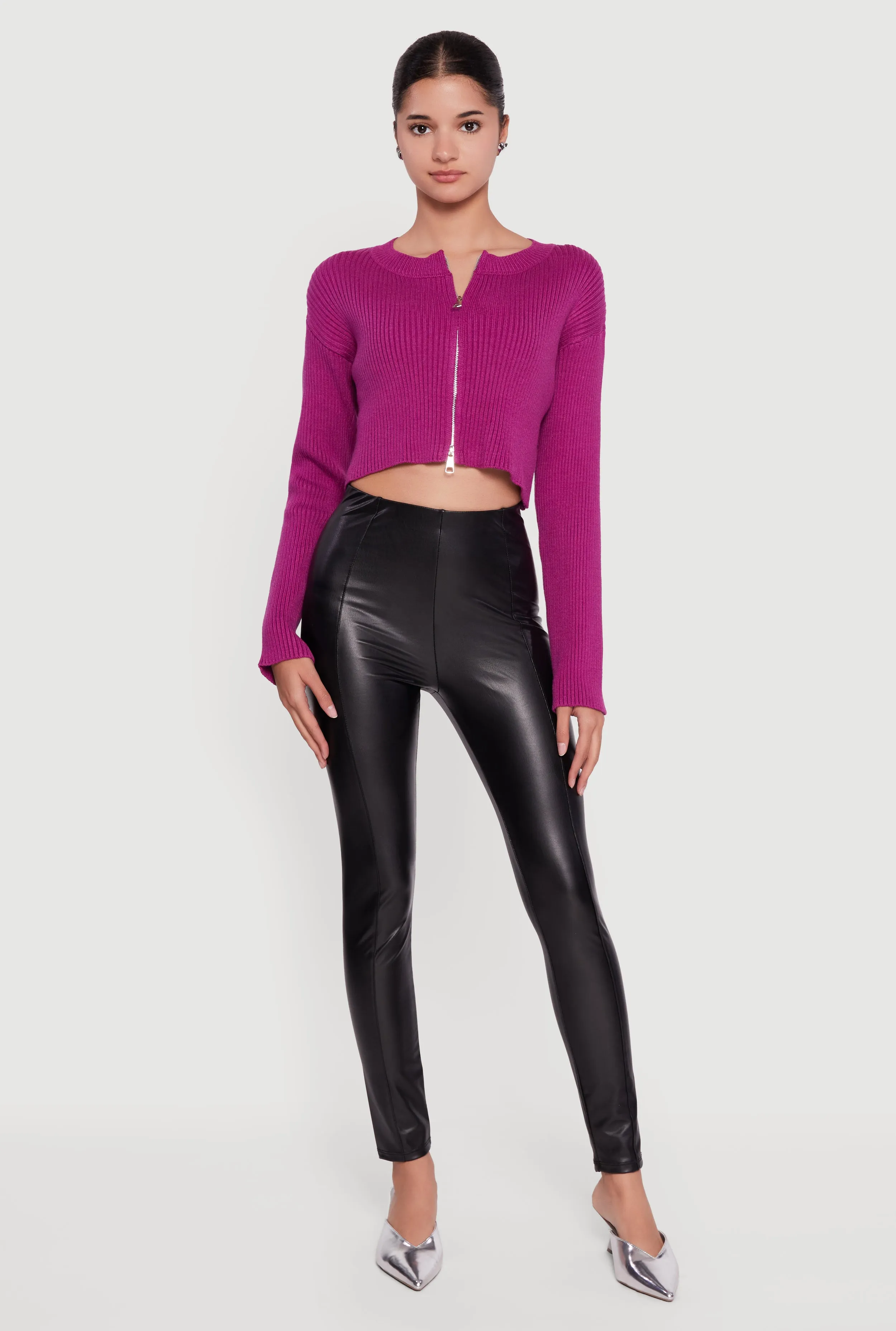 Ribbed Knit Long Sleeve Zip Front Cropped Sweater sold by Rainbow