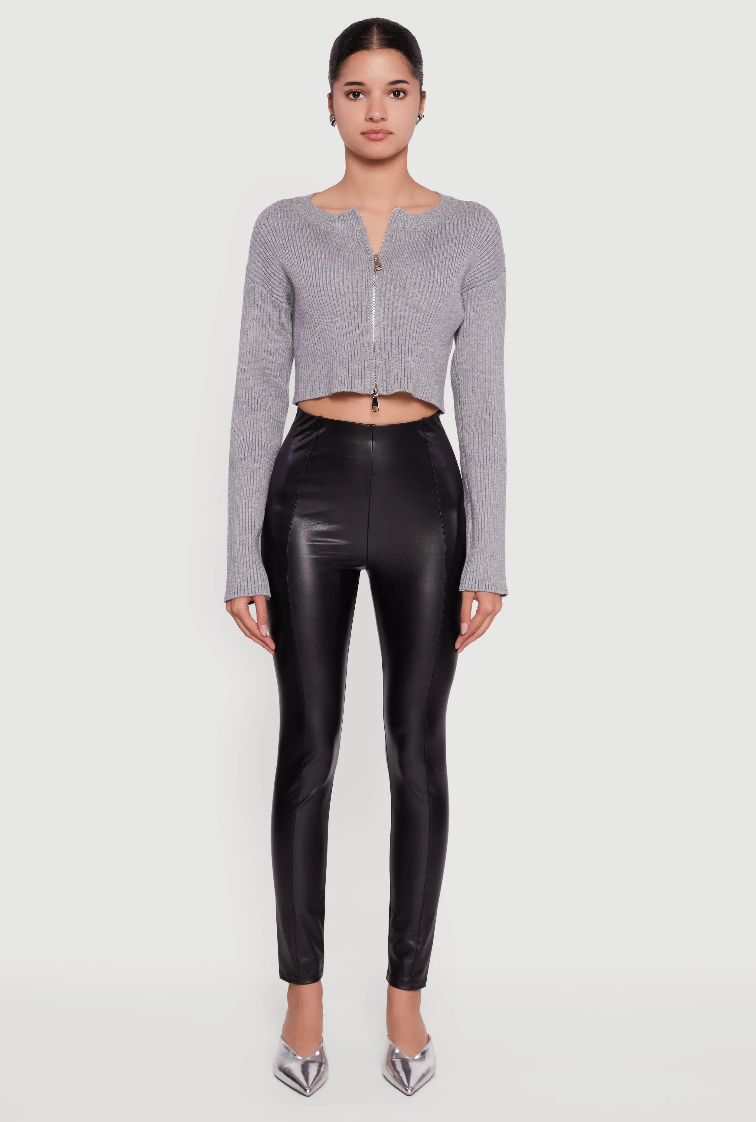 Ribbed Knit Long Sleeve Zip Front Cropped Sweater sold by Rainbow product image thumbnail 3