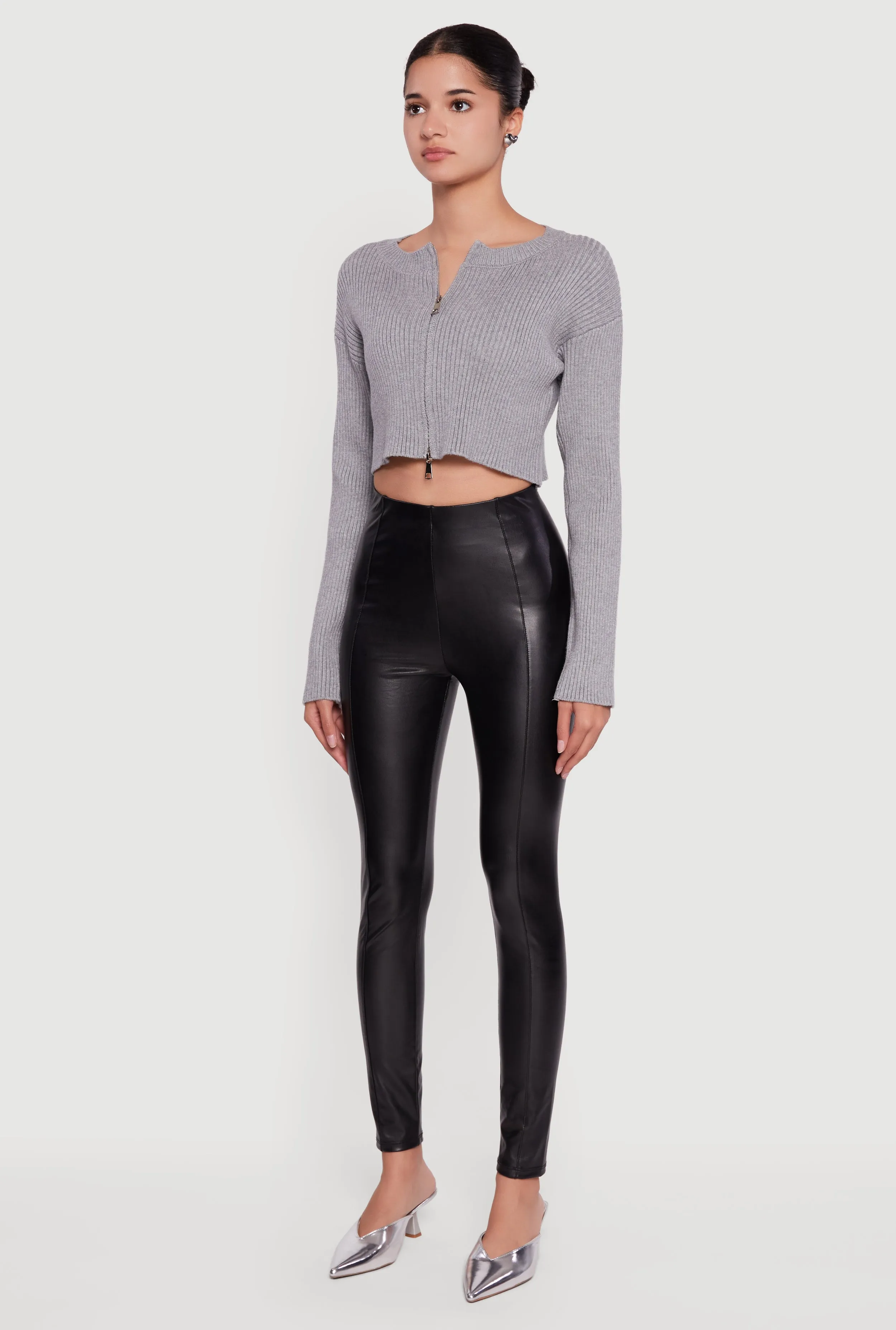 Ribbed Knit Long Sleeve Zip Front Cropped Sweater sold by Rainbow product image thumbnail 5